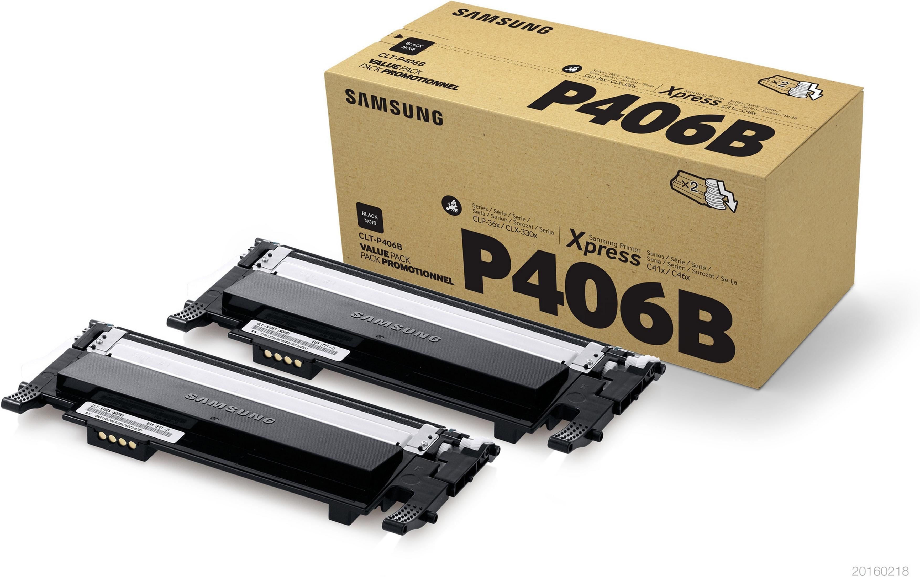 Due cartucce toner per stampanti Samsung P406B nere e una scatola, su sfondo bianco.