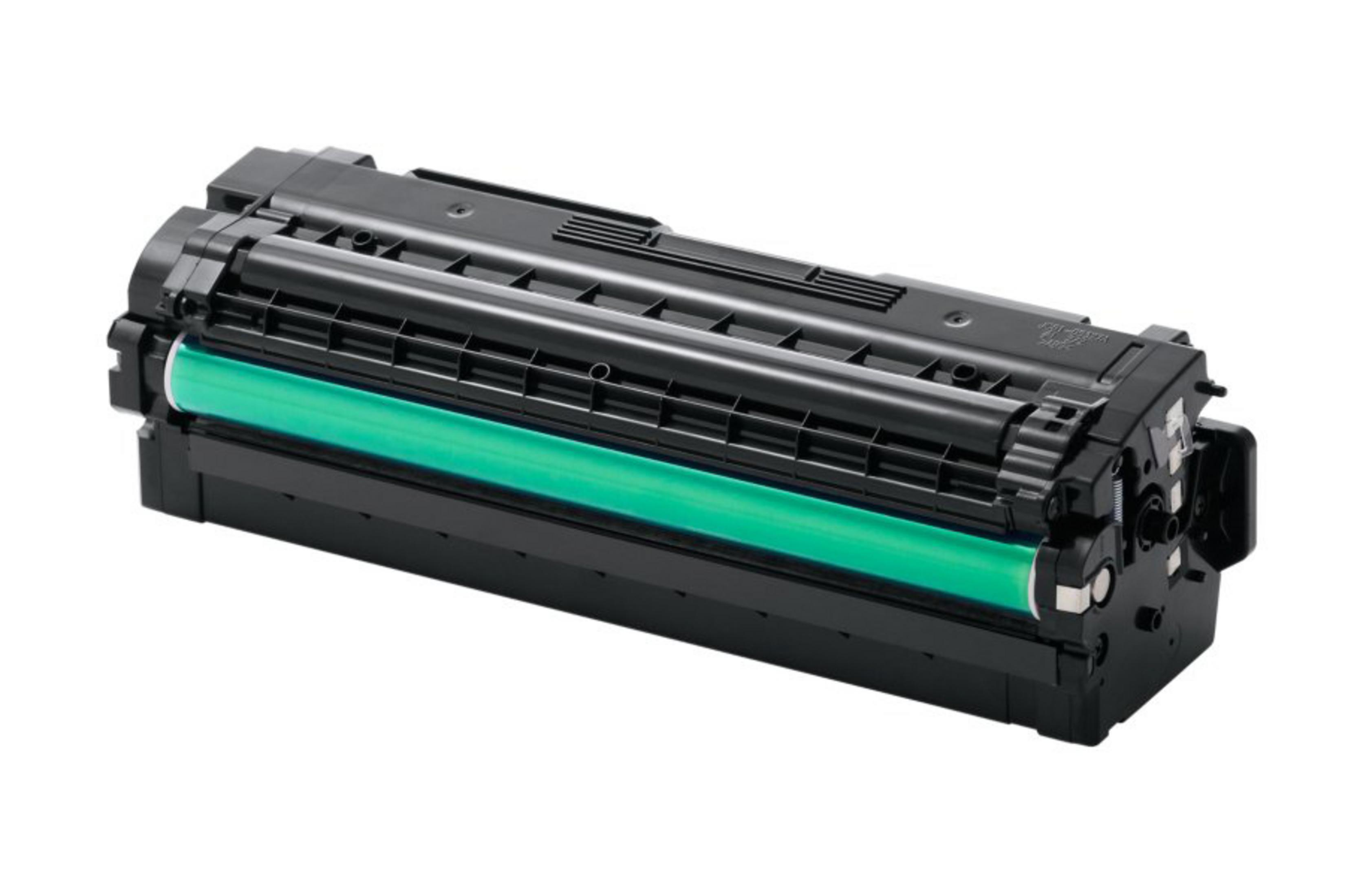 Schwarze Lasertoner-Kartusche mit grünem Zylinder, auf weißem Hintergrund.