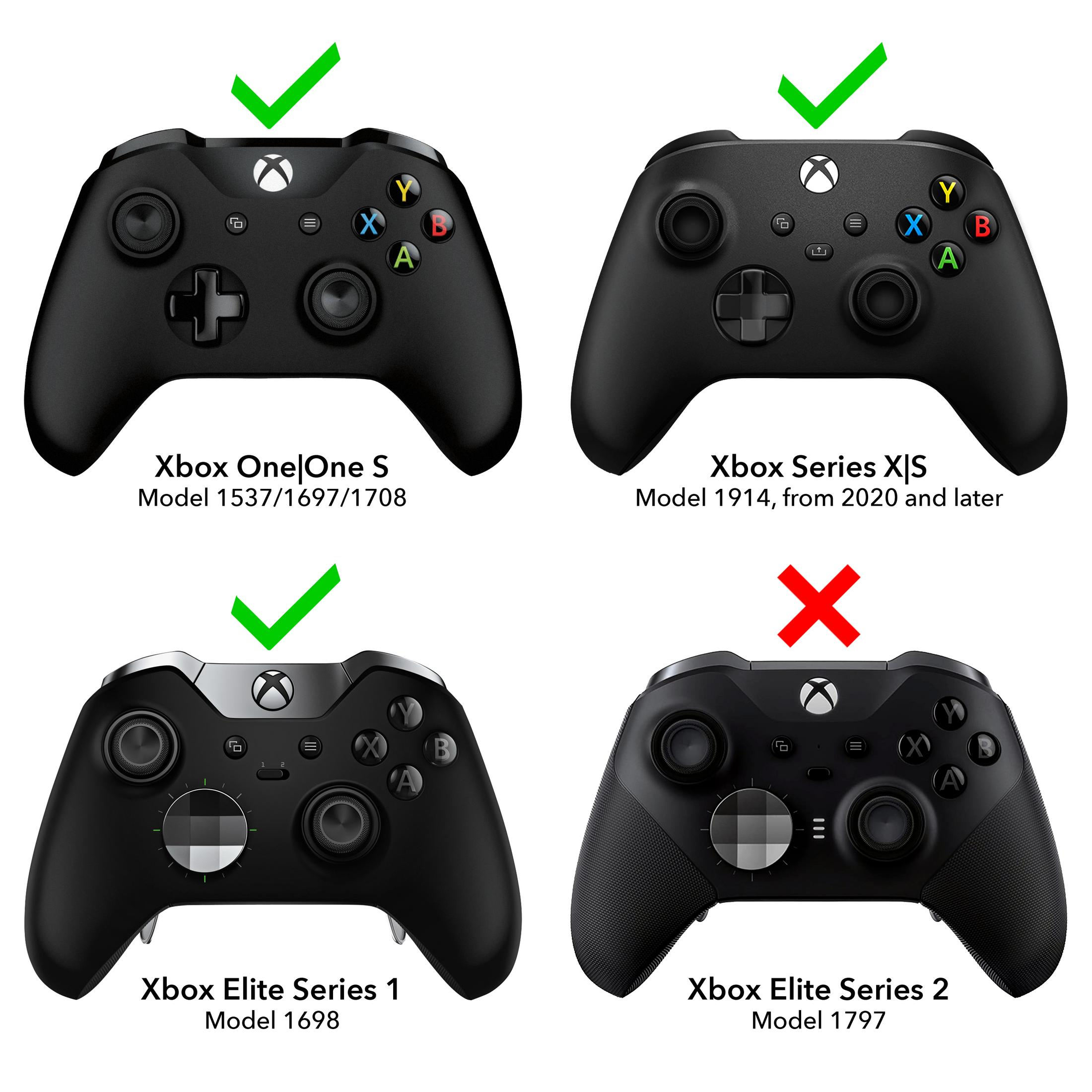 Wyświetlane są cztery kontrolery Xbox. Dwa są poprawne, dwa nieprawidłowe. Zielone haczyki i czerwony X je oznaczają.