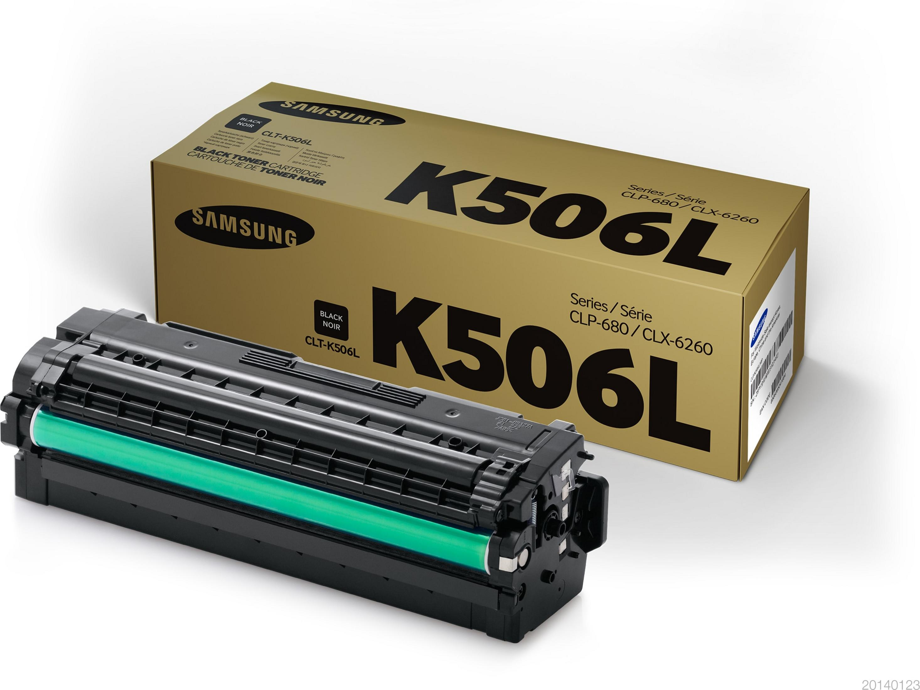 Un cartucho de tóner Samsung en una caja, con un rodillo verde visible.
