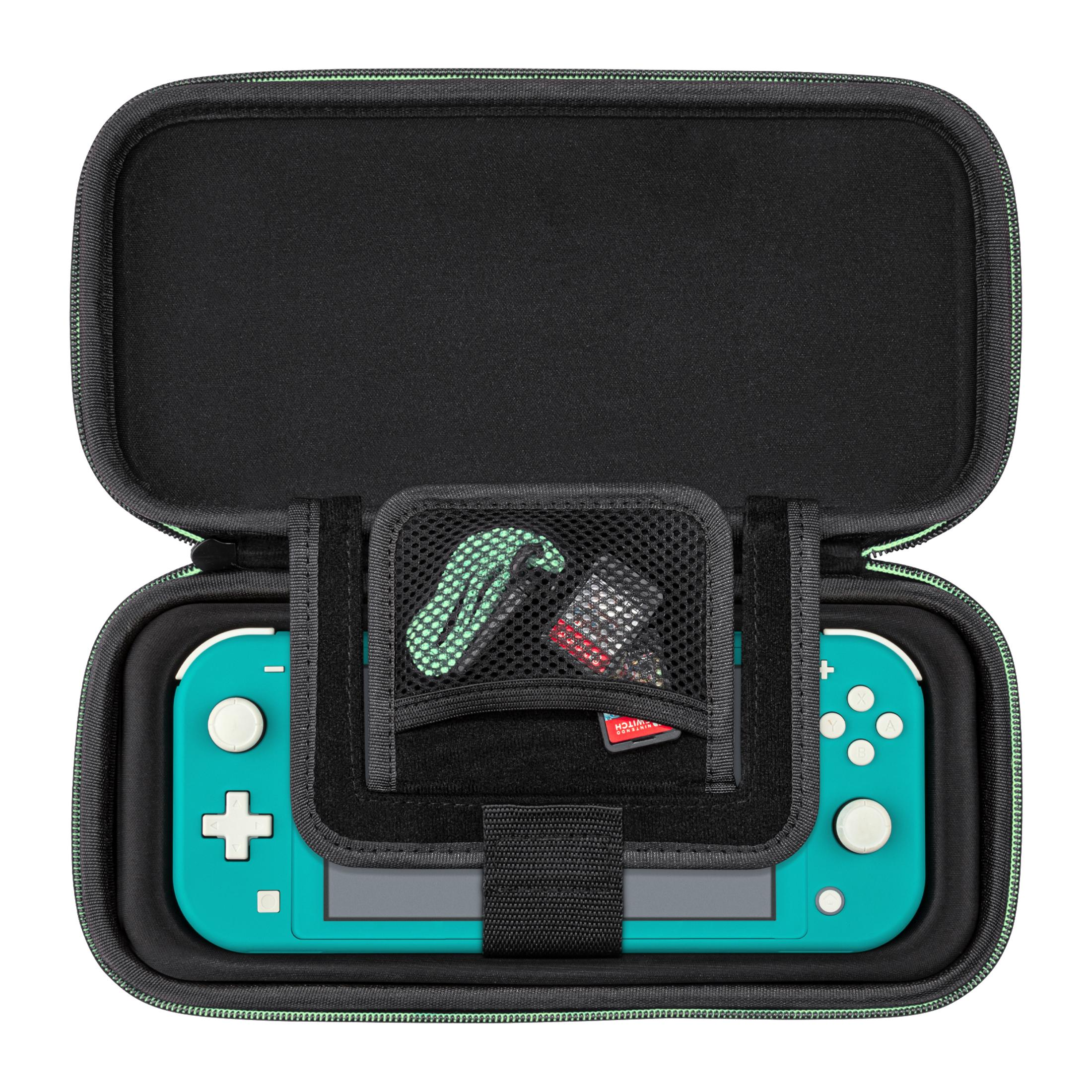 Turkusowy Nintendo Switch Lite w czarnym etui, z akcesoriami w siatkowej kieszeni.