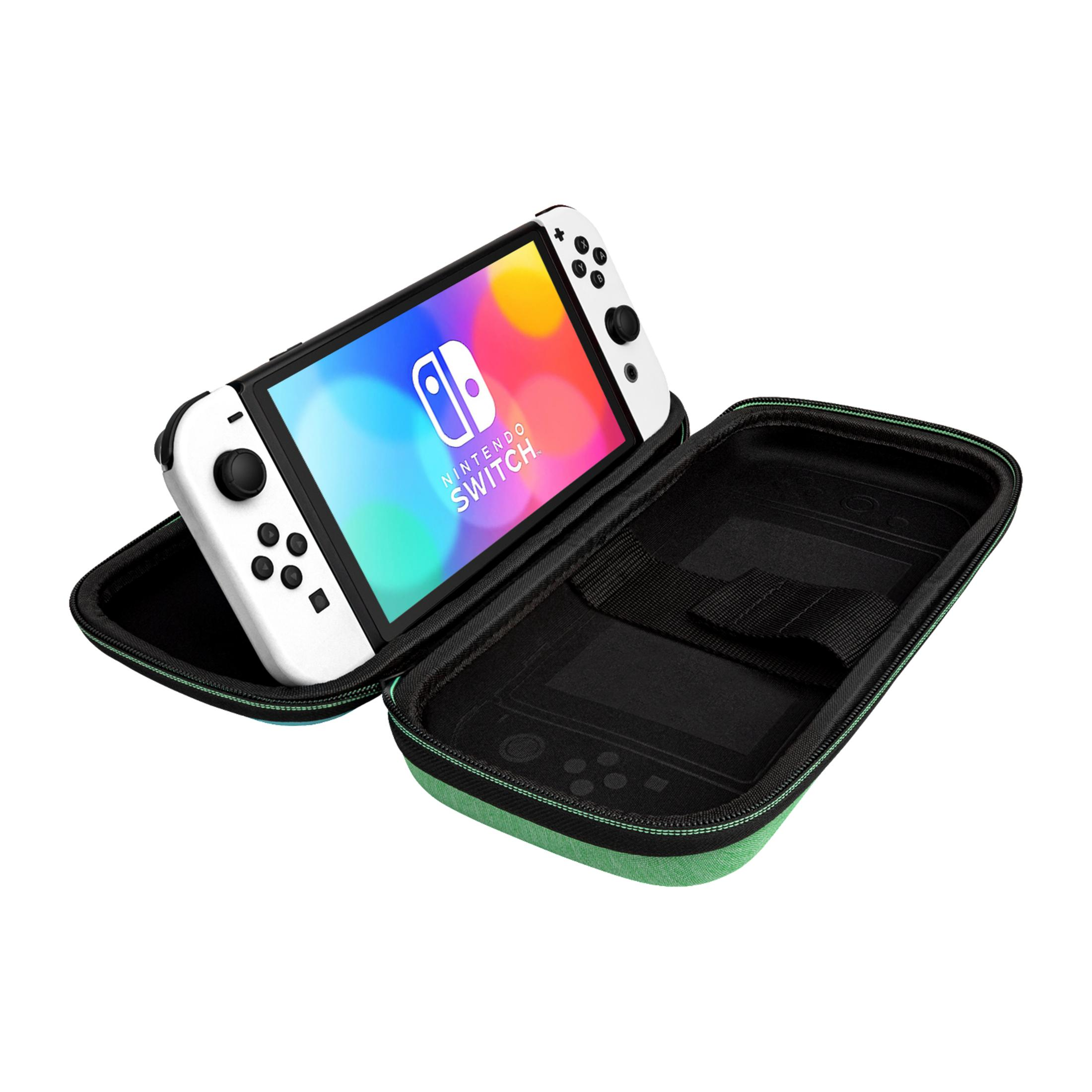 Konsola Nintendo Switch w zielono-czarnym etui, otwarta.