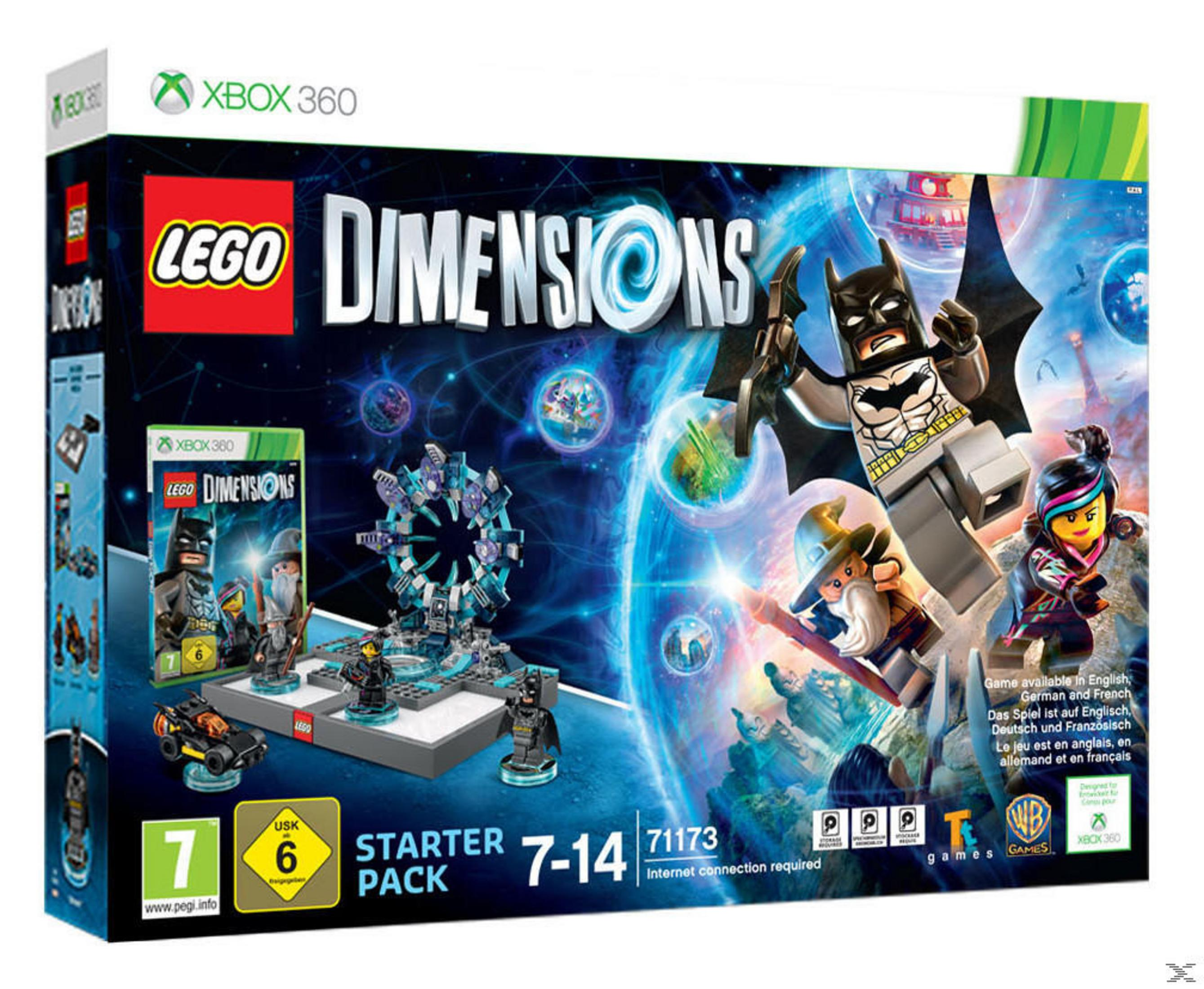 Lego Dimensions Spielbox, mit Charakteren und Logo. Batman, verschiedene Charaktere, Box-Art. Weißer Hintergrund.