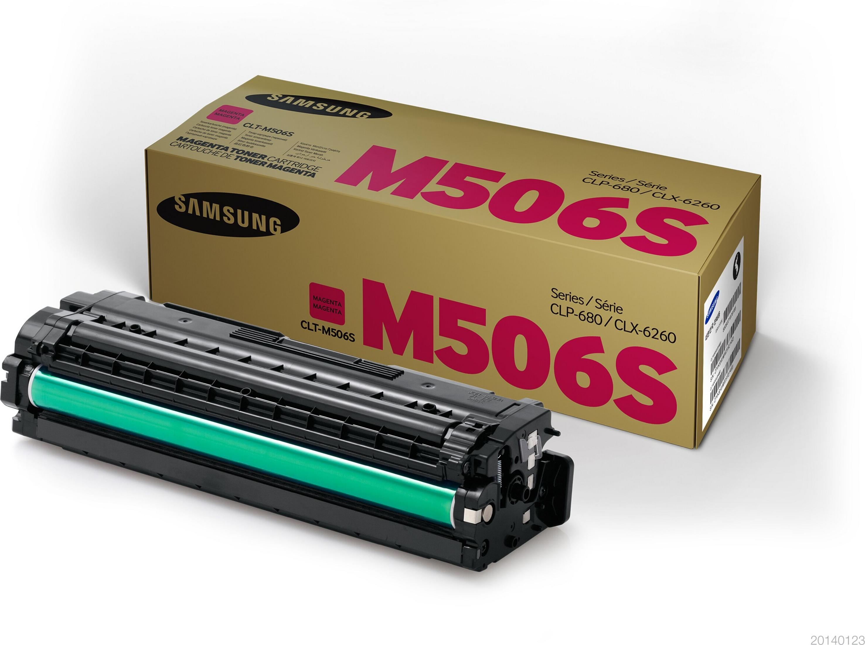 Scatola e cartuccia toner magenta Samsung. Scatola M506S, cartuccia verde.