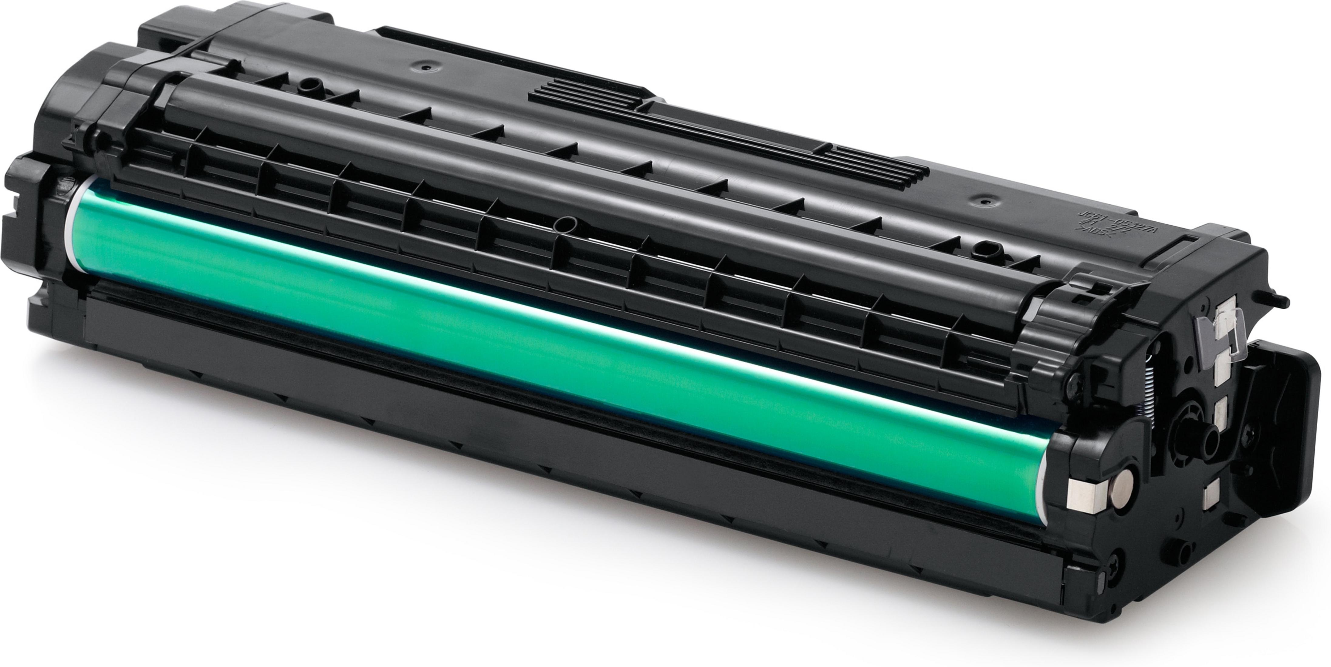 Una cartuccia toner nera, con un cilindro verde all'interno. Un componente per una stampante o una fotocopiatrice.