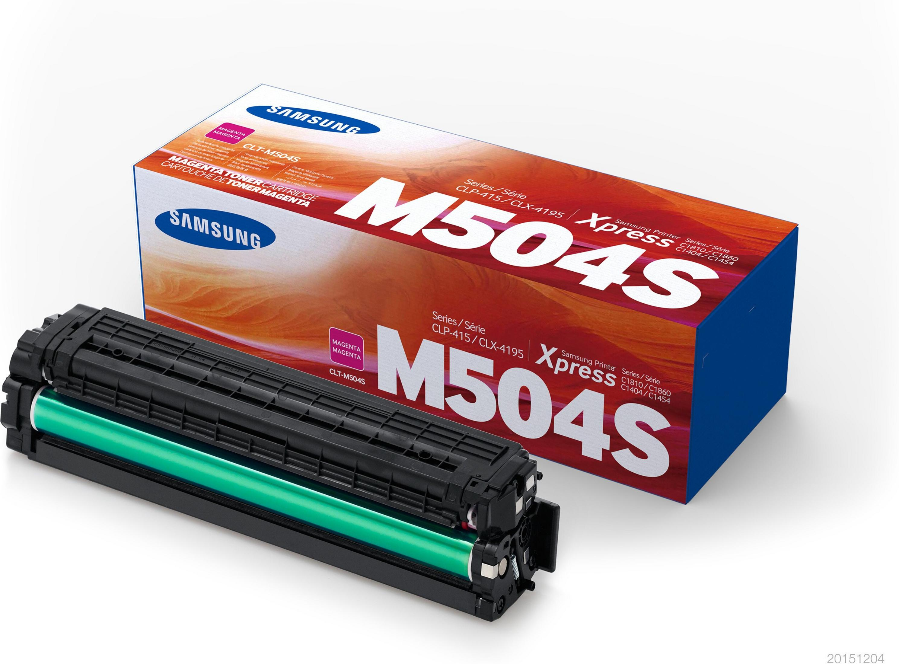 Scatola cartuccia toner magenta Samsung M504S con informazioni sul prodotto e loghi di certificazione.