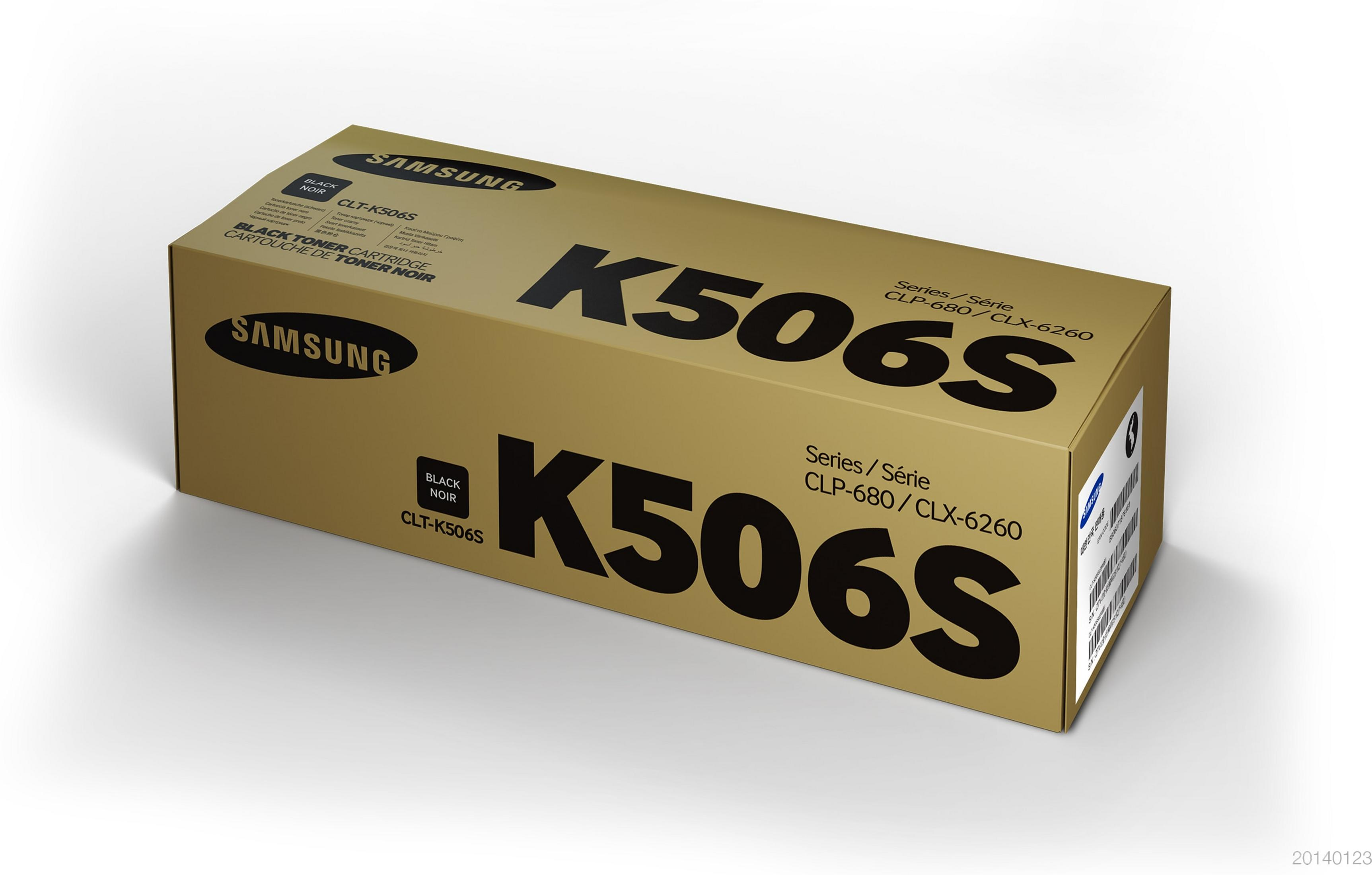 Goldene Tonerkassette, schwarzer Text: K506S, Samsung-Logo. Serie: CLP-680/CLX-6260.