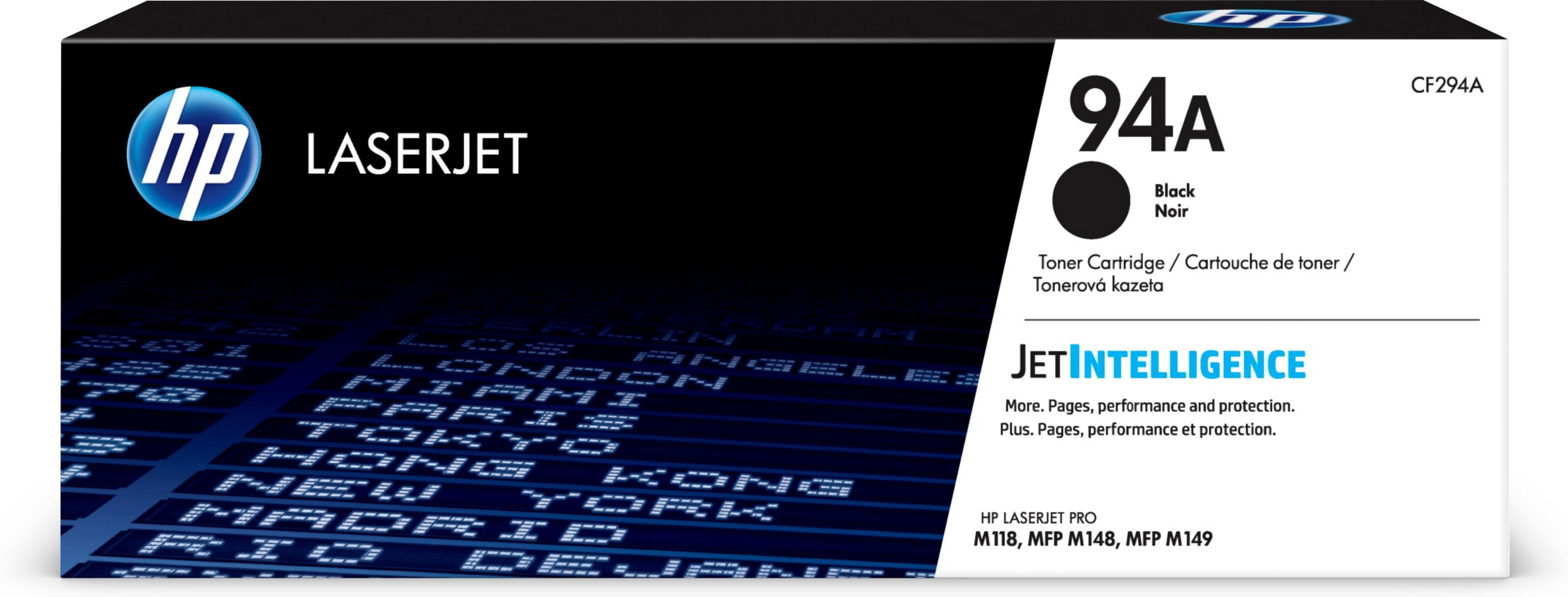 Pudełko z czarnym tonerem HP LaserJet 94A z mapą świata.