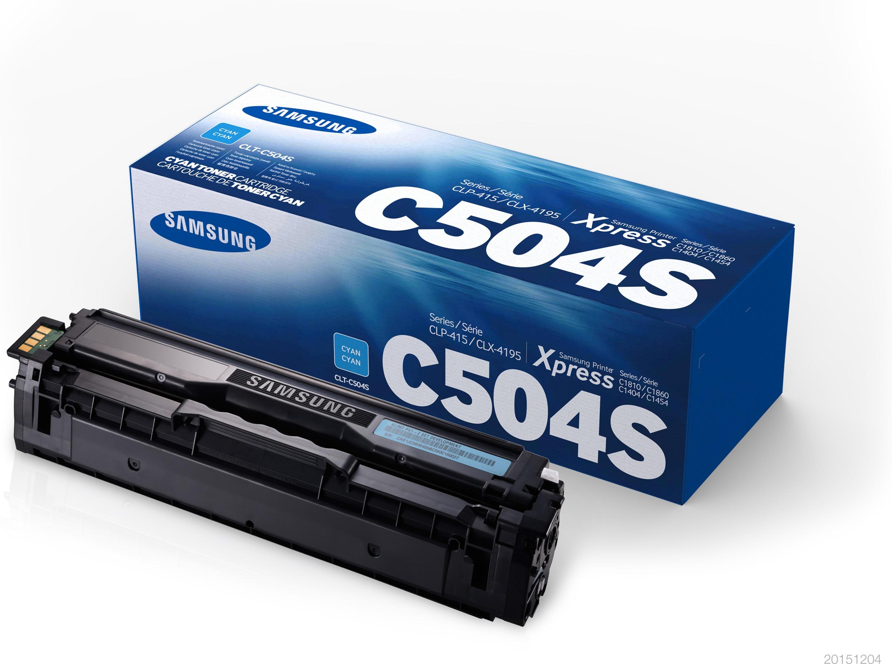Cartuccia e scatola per stampante Samsung nere e blu. Sfondo bianco.