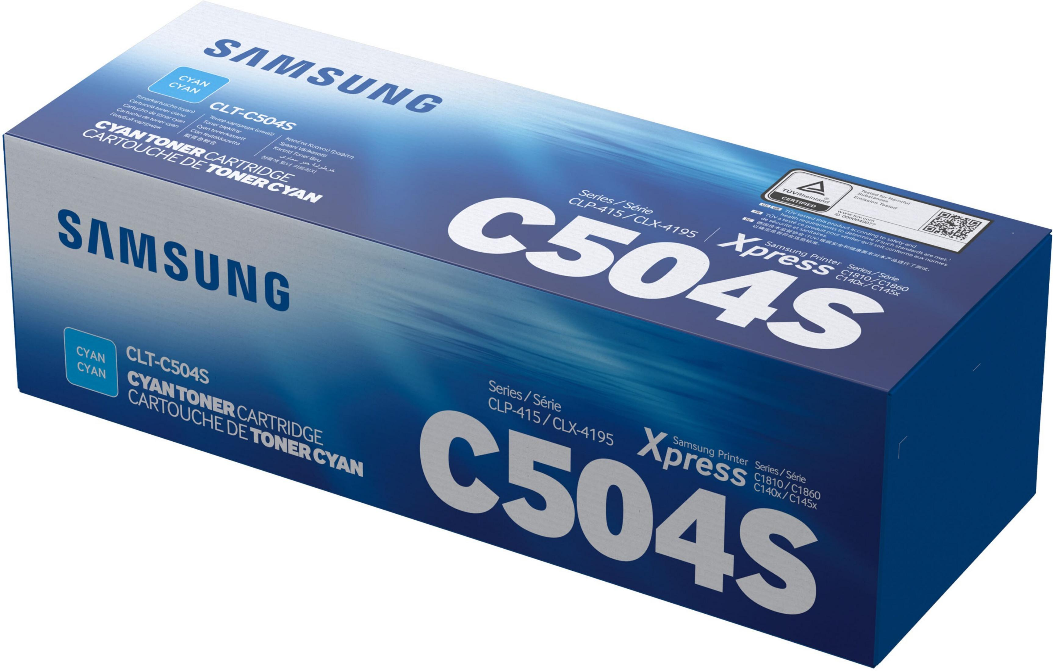 Scatola cartuccia toner ciano Samsung C504S. Colori blu e bianco. Testo ed etichette visibili. Vista angolata.