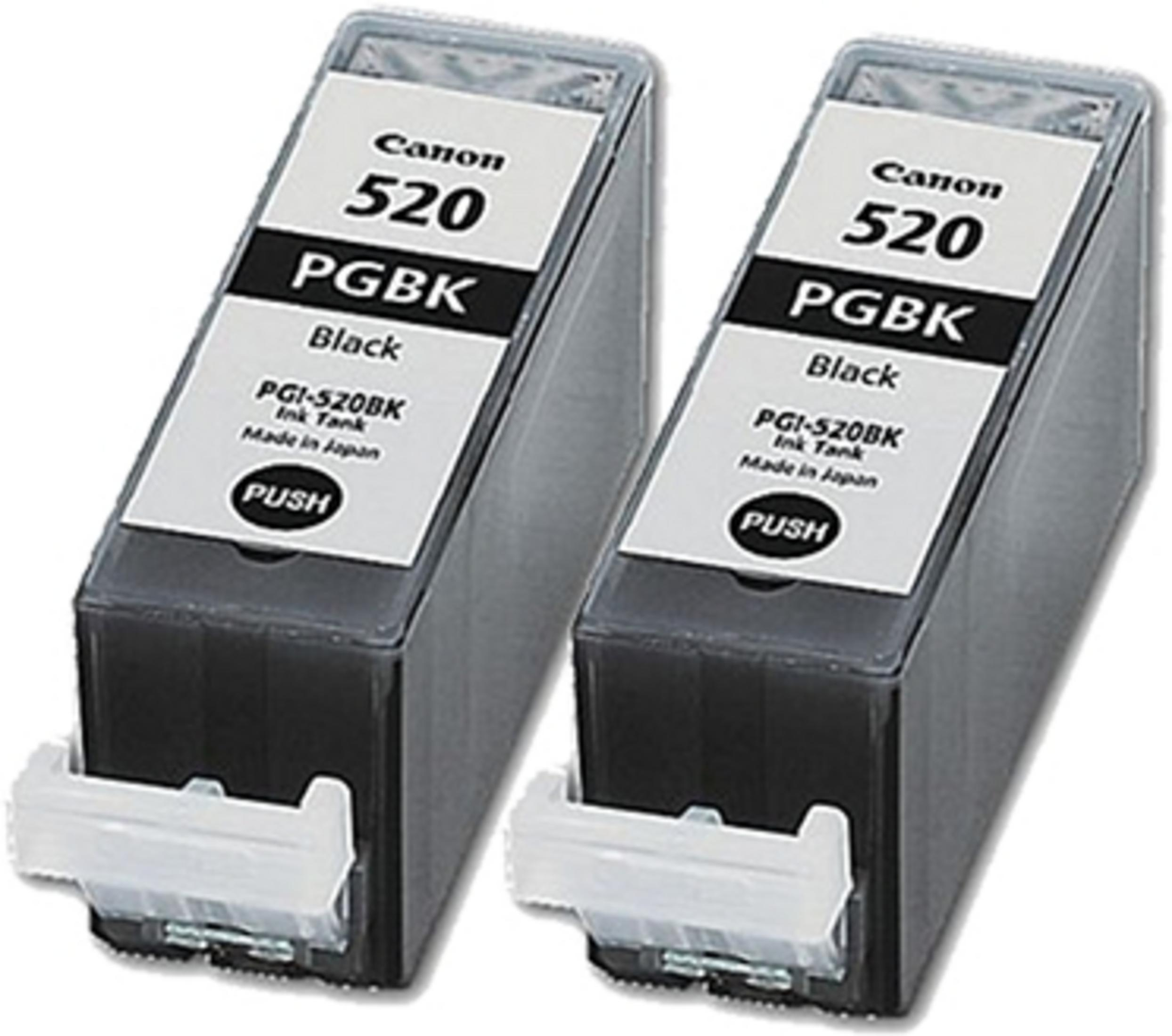 Deux cartouches d'encre noire Canon 520 PGBK, avec étiquettes push, sur fond blanc.