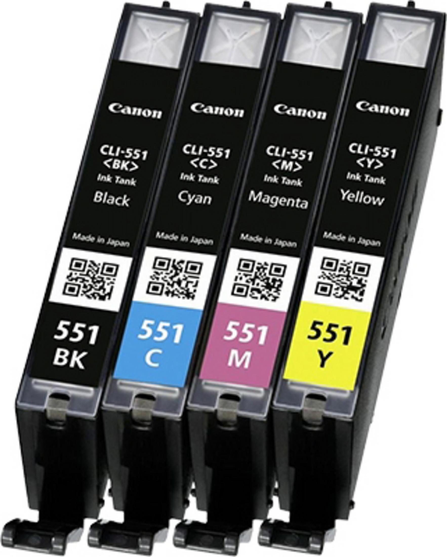Vier Canon-inktcartridges: zwart, cyaan, magenta en geel.
