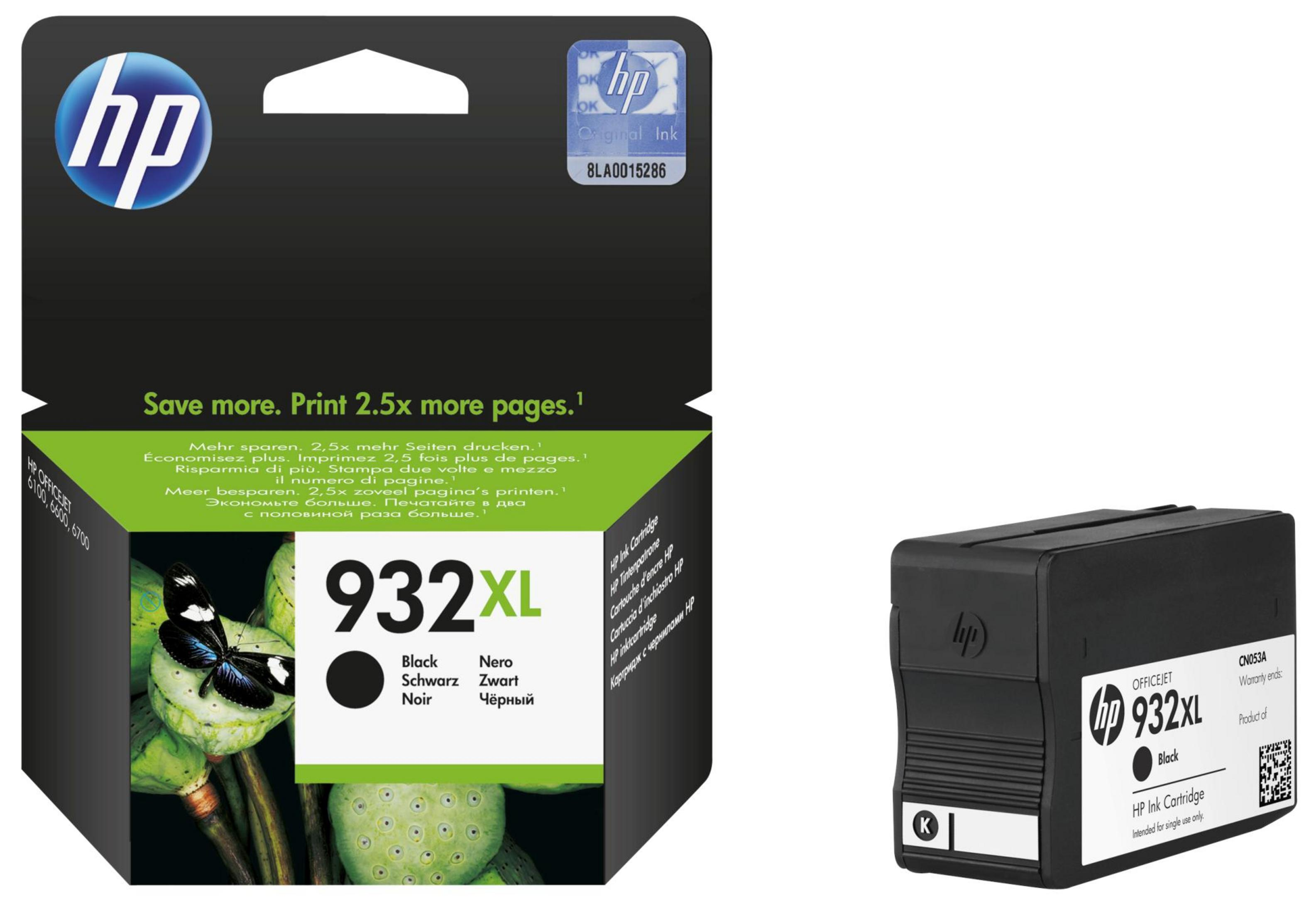 Eine HP Tintenpatronenverpackung und -patrone, die schwarze Tinte zeigt, mit Schmetterlingsillustration und Text.