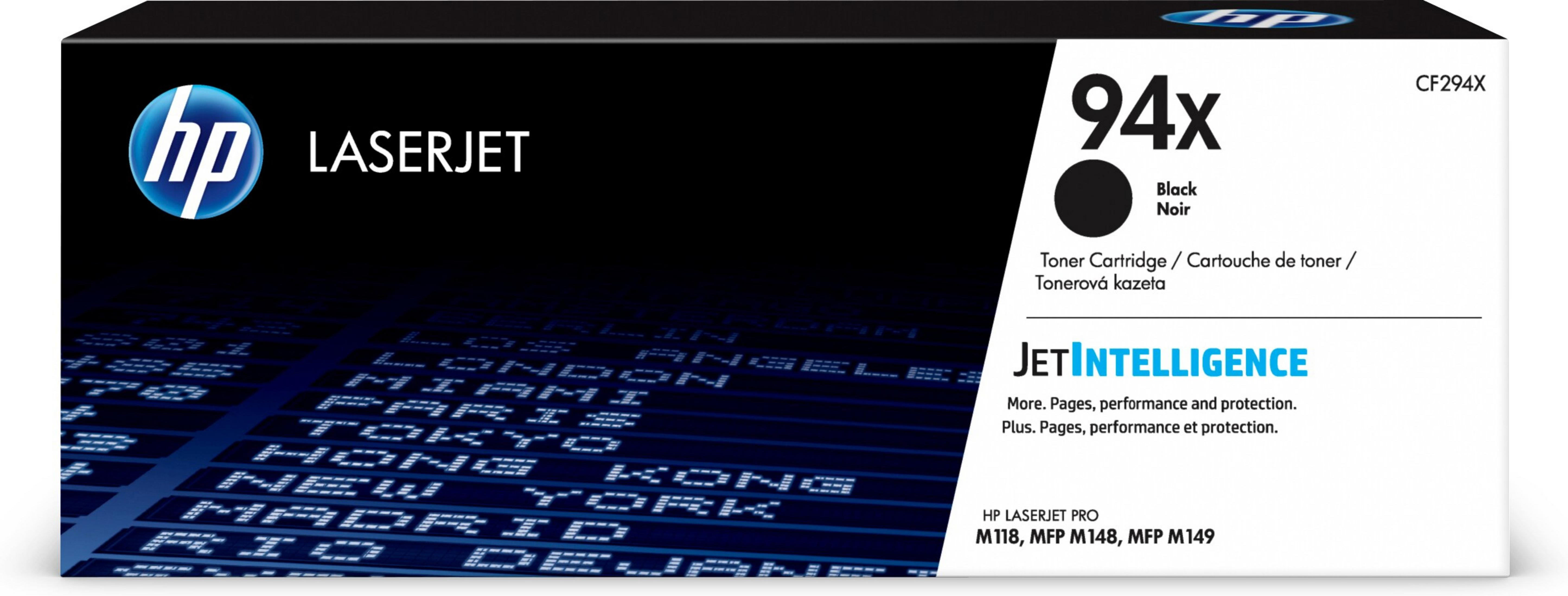 Pudełko z czarnym tonerem HP 94x z tekstem na kolorowym tle mapy świata.