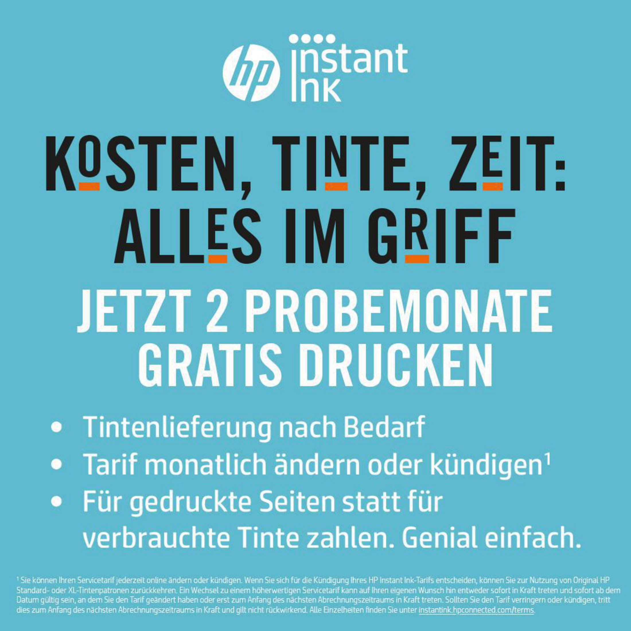 Reklama HP Instant Ink, z tekstem i punktami.