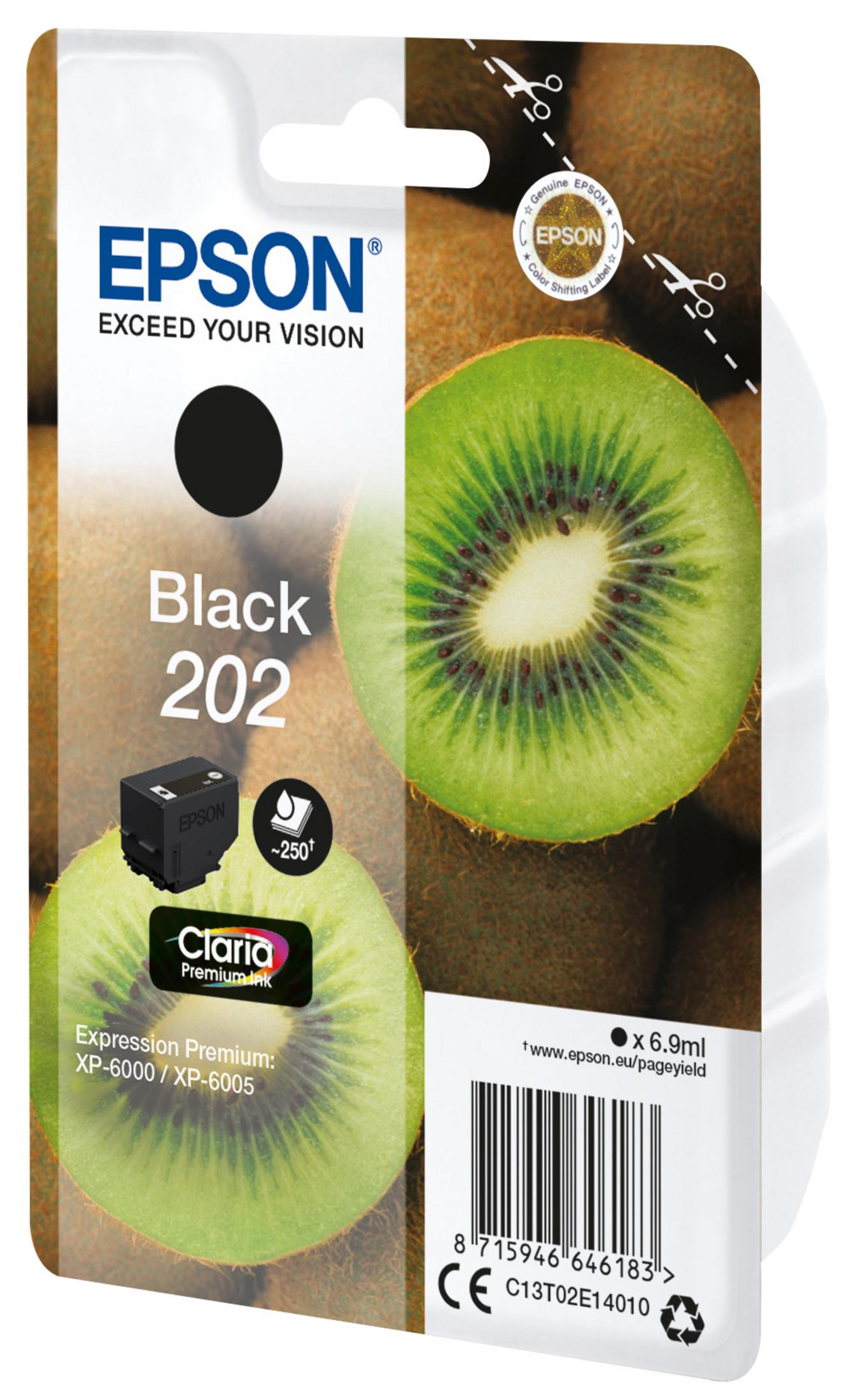 Emballage de cartouche d'encre Epson avec image de kiwi, encre noire et texte.