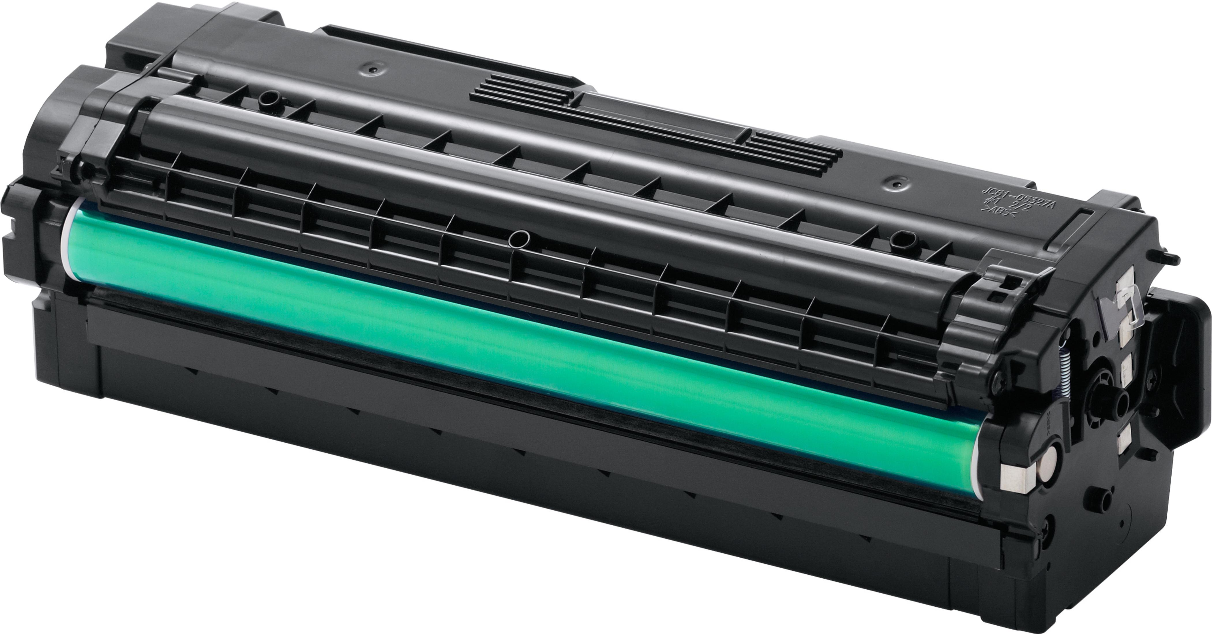 Cartouche de toner noire et verte pour imprimante. Elle a une partie cylindrique verte.