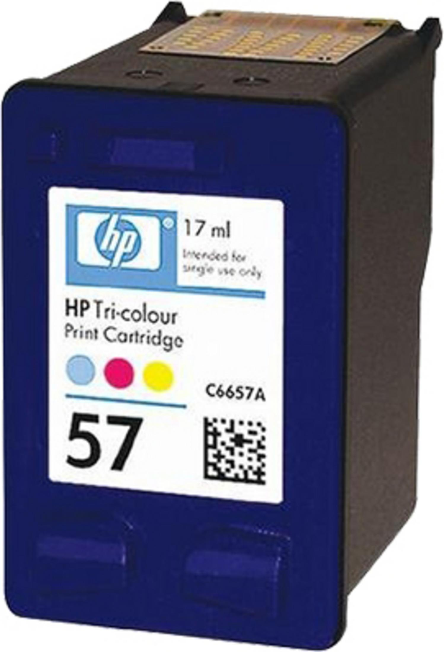 Cartucho de impresión HP 57 Tricolor, cuerpo azul marino, con indicadores de tinta de color y logotipo de HP.