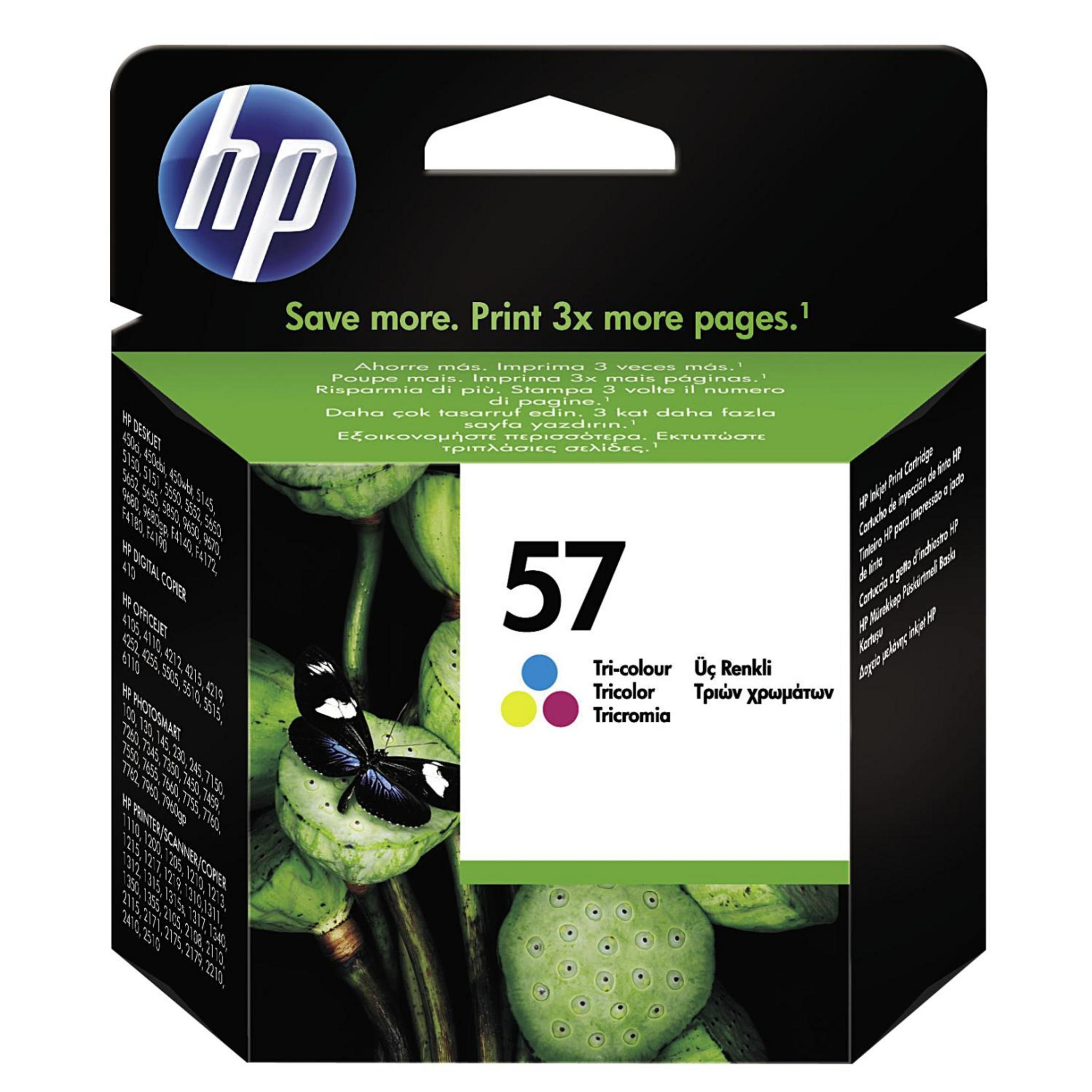 Caja de cartuchos de tinta HP 57 con tintas coloridas y una imagen de mariposa.