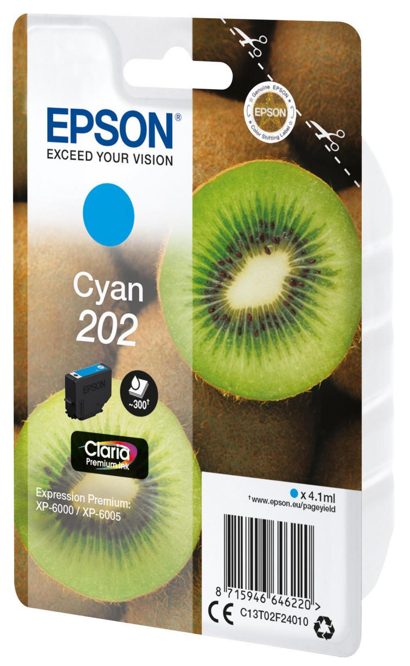 Paquet de cartouche d'encre Epson, Cyan 202, avec fond de fruit kiwi.