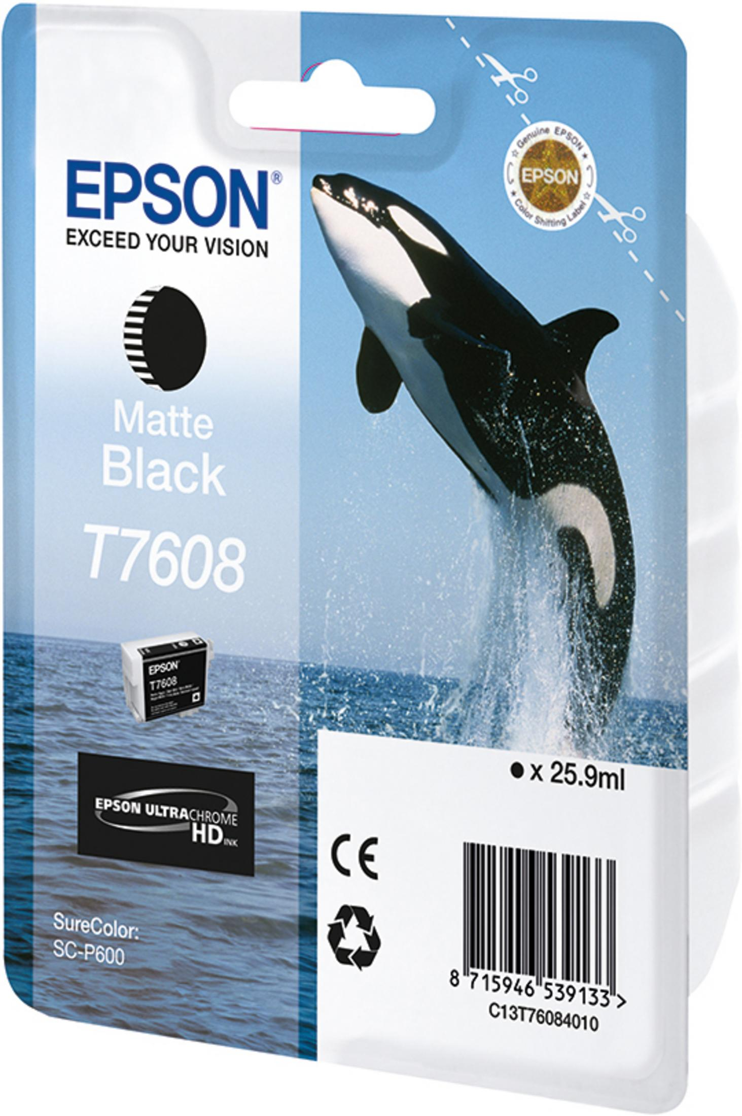 Confezione della cartuccia di inchiostro Epson Matte Black. Un'orca salta fuori dall'acqua.