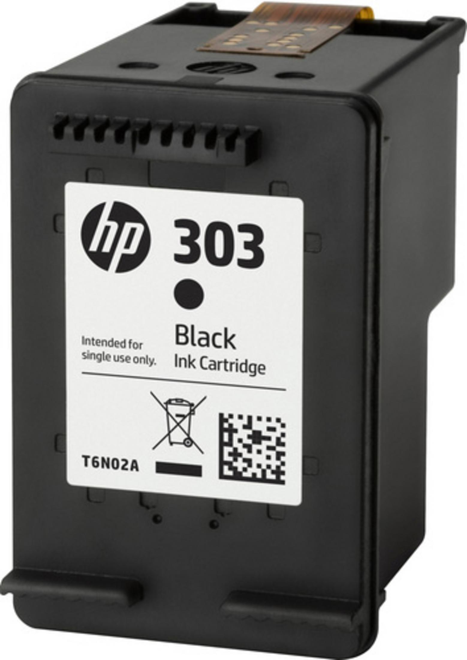 Cartucho de tinta negro HP 303. La etiqueta indica tinta negra y uso único.