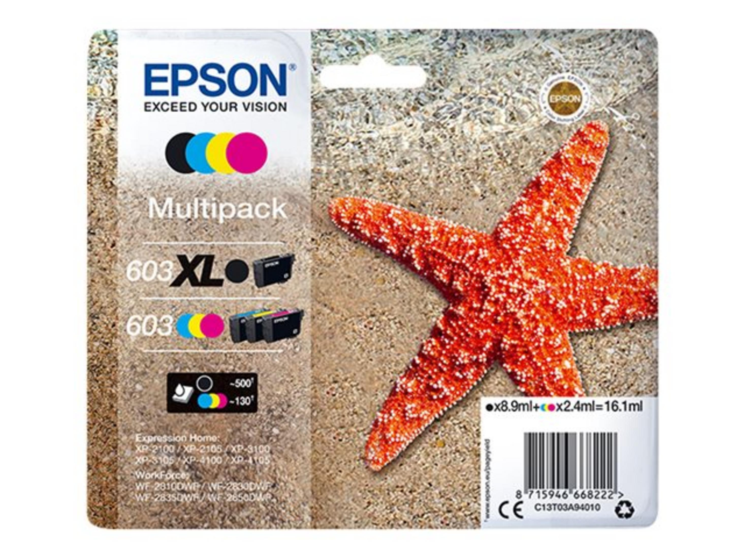 Paquet de cartouches d'encre Epson avec étoile de mer sur fond de sable. Logo Epson en haut.