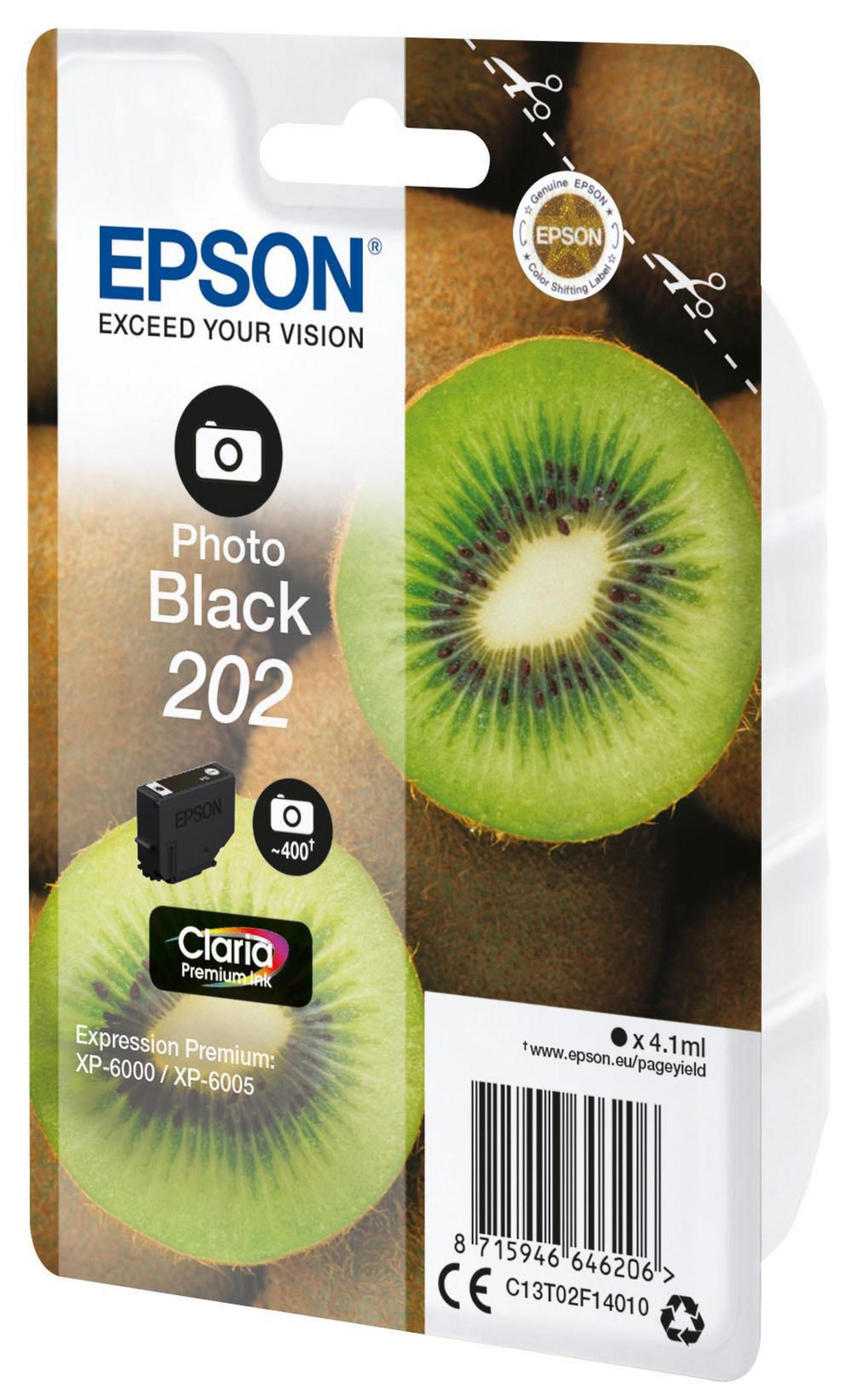 Paquete de cartucho de tinta Epson, Negro Foto 202, con fondo de kiwi.
