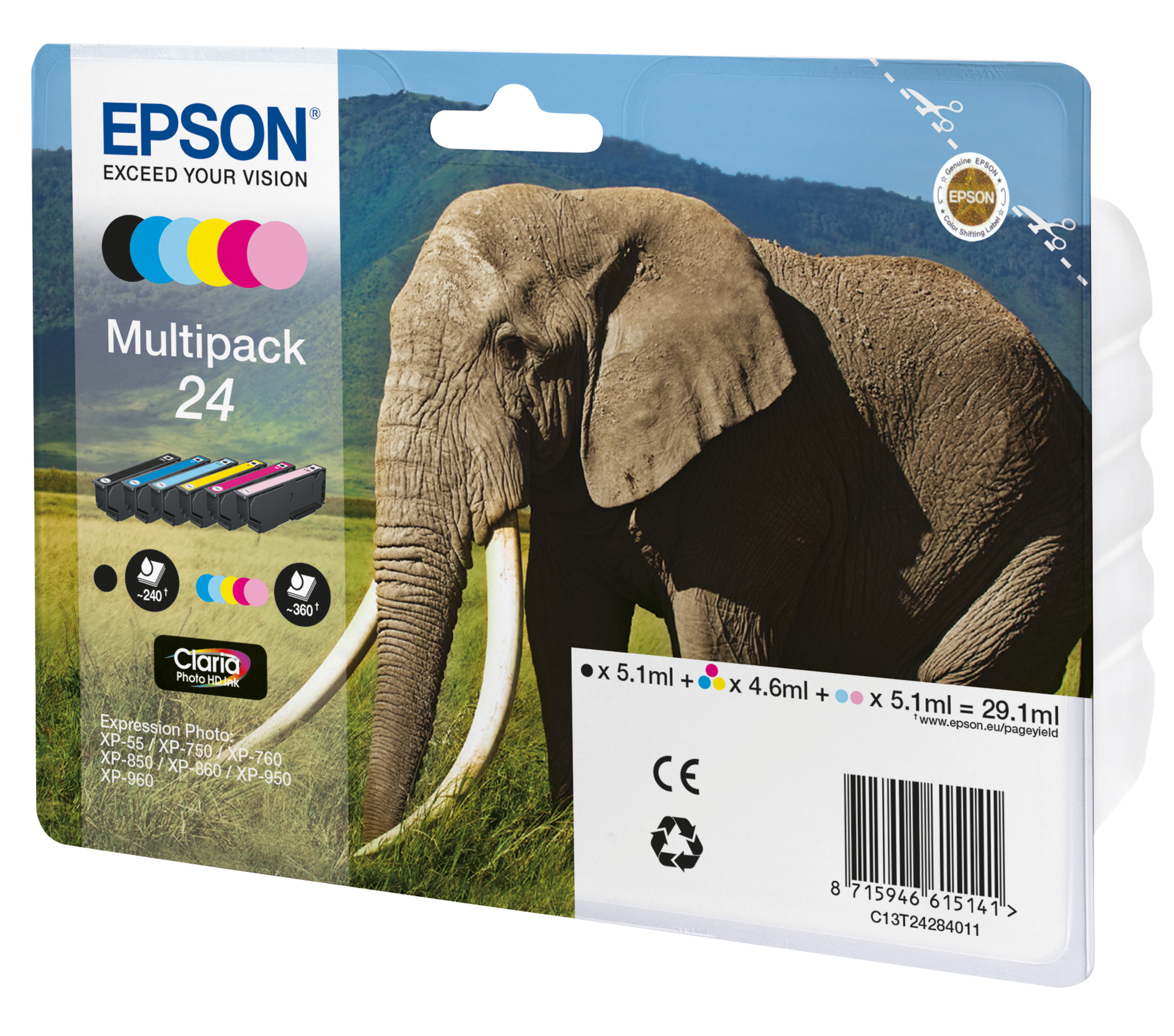 Multipack d'encre Epson avec image d'éléphant. Cartouches, couleurs d'encre et détails du produit visibles.