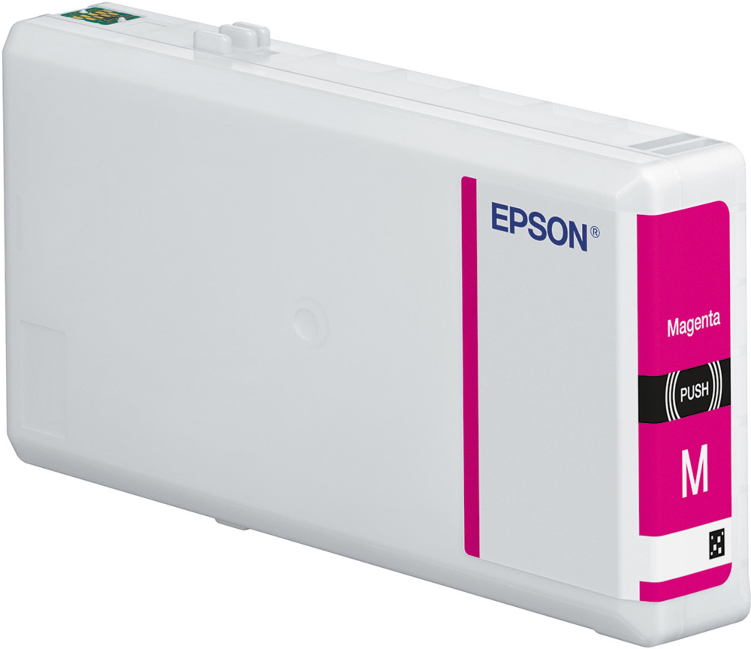 Wkład z tuszem Epson magenta. Biały i różowy, z logo Epson.