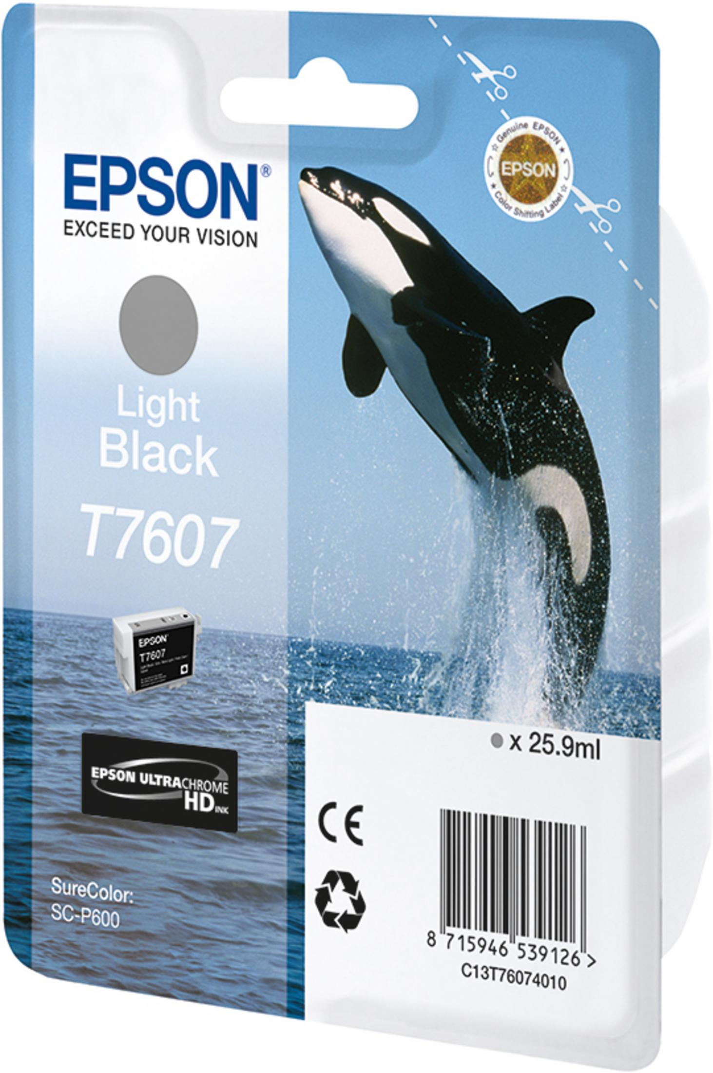Epson inktcartridge verpakking. Een walvis springt uit het water. Tekst is zichtbaar.