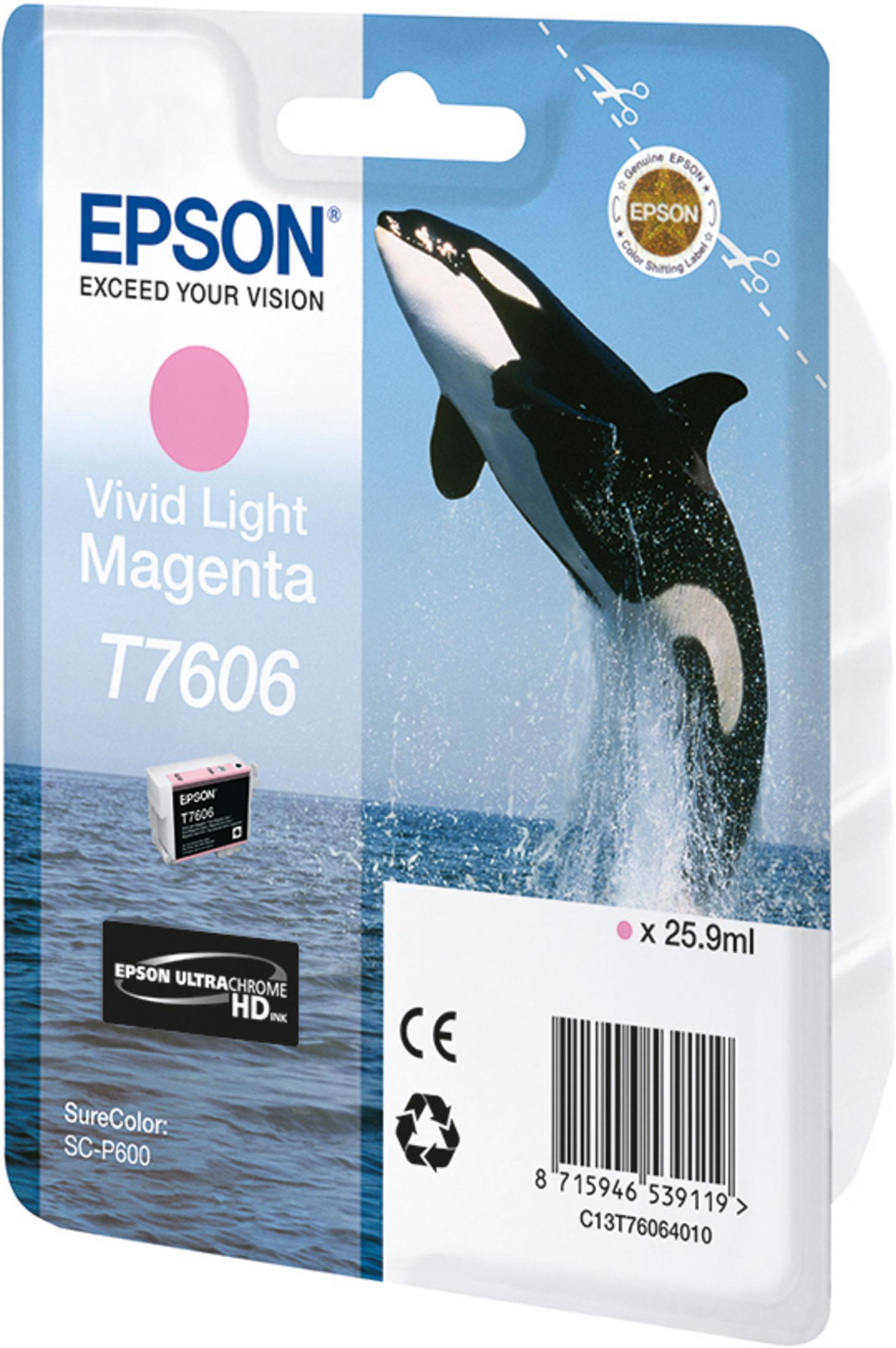 Tintenpatrone mit Wal, der aus dem Wasser springt. Text: Vivid Light Magenta.
