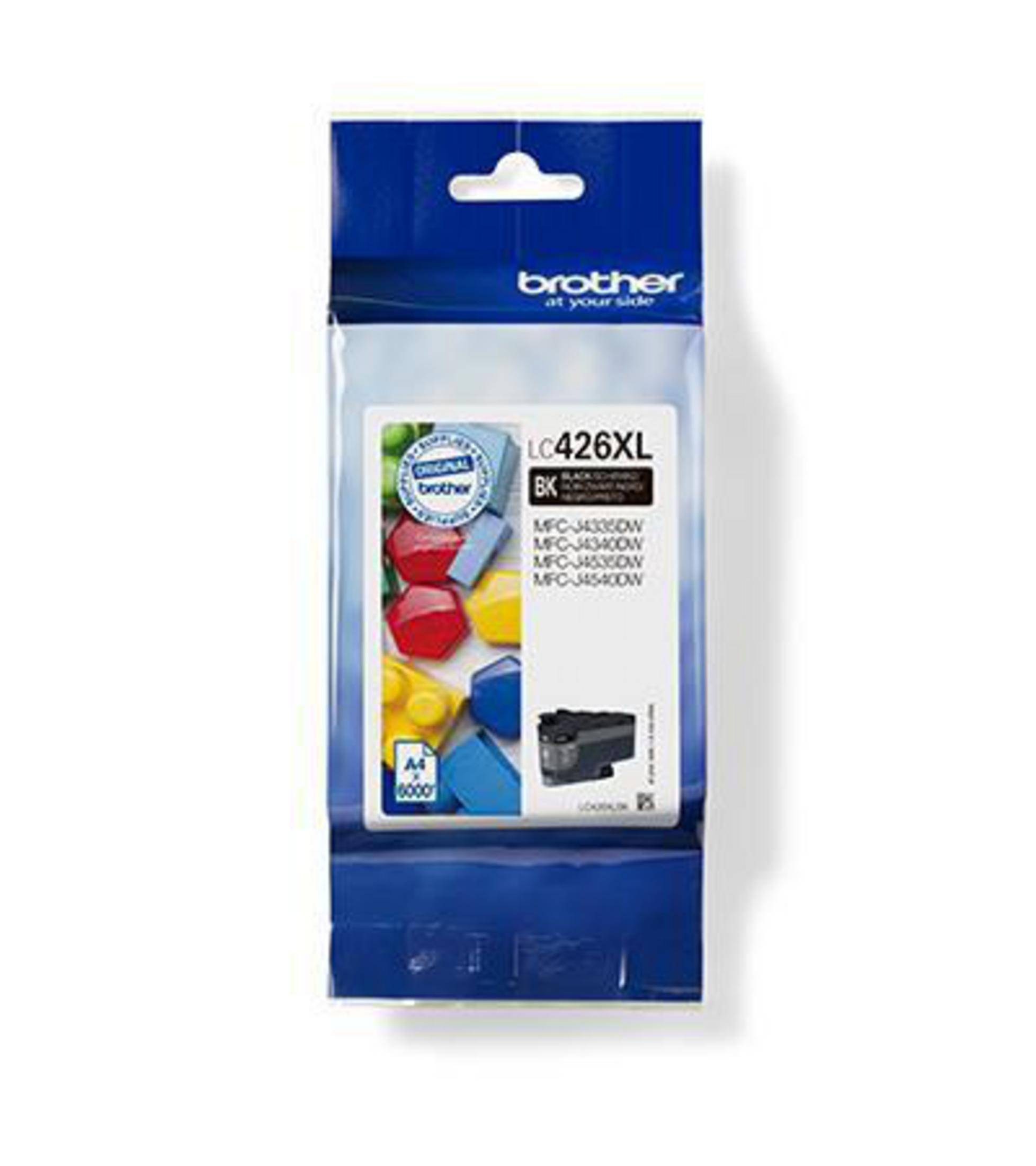 Zapakowany plastikowy wkład z tuszem Brother LC426XL BK, na białym tle.