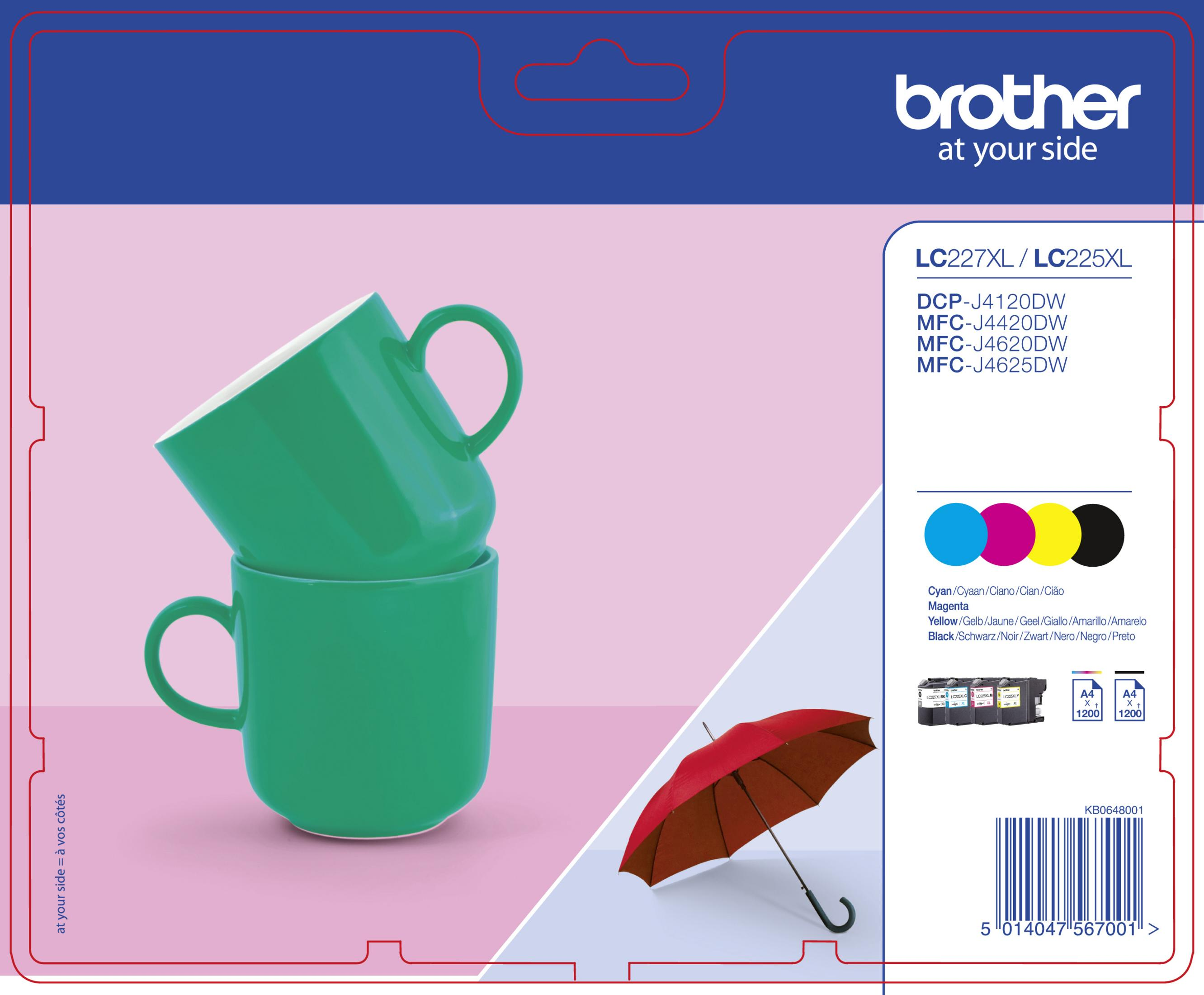 Two green mugs are stacked. There is a red umbrella and the Brother logo on the box.