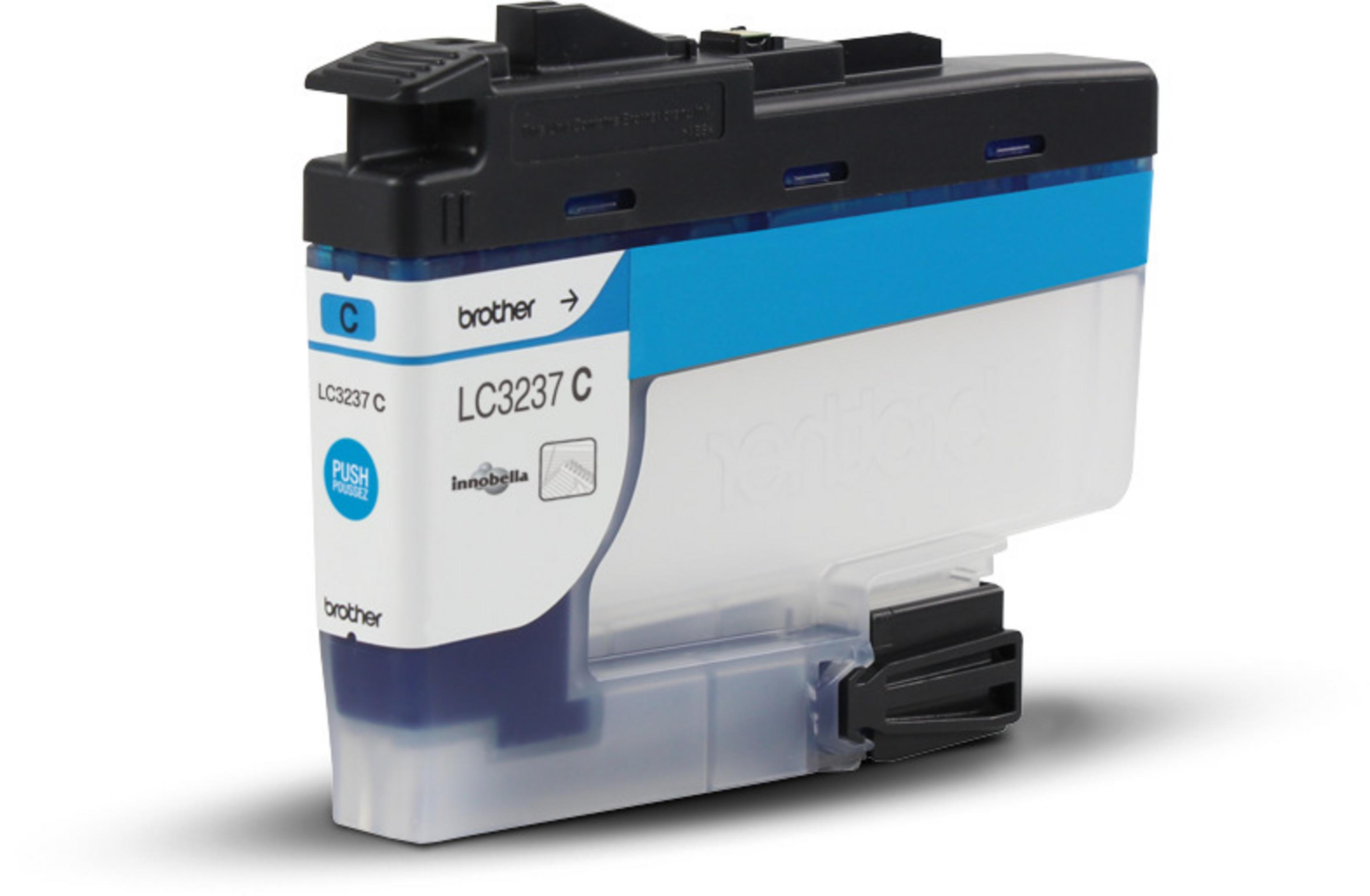 A blue and white Brother printer ink cartridge labeled LC3237 C.