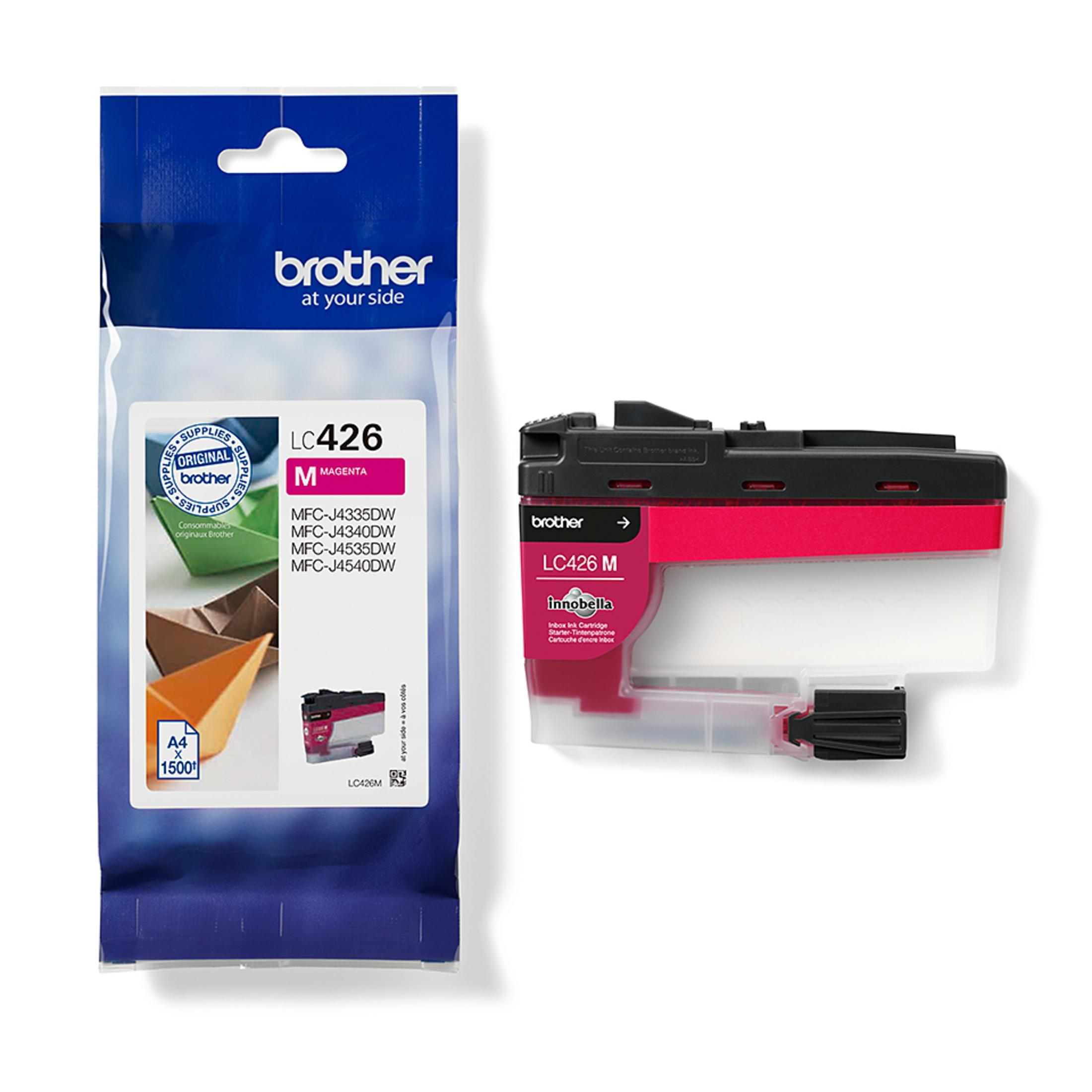 Magenta ink cartridge and packaging, with text and a white background.