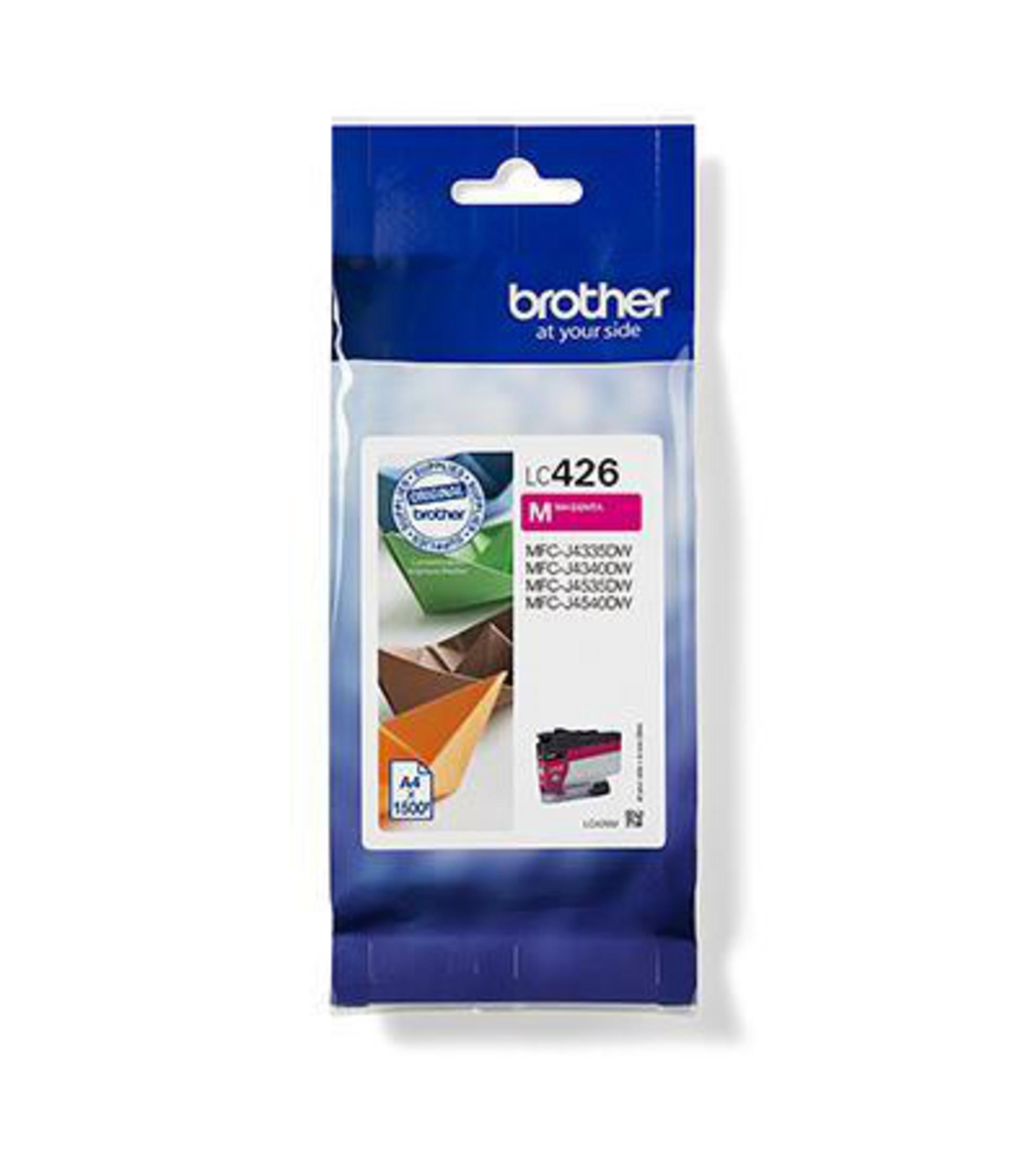 Brother LC426M ink cartridge package. Pink and black ink cartridges are visible.