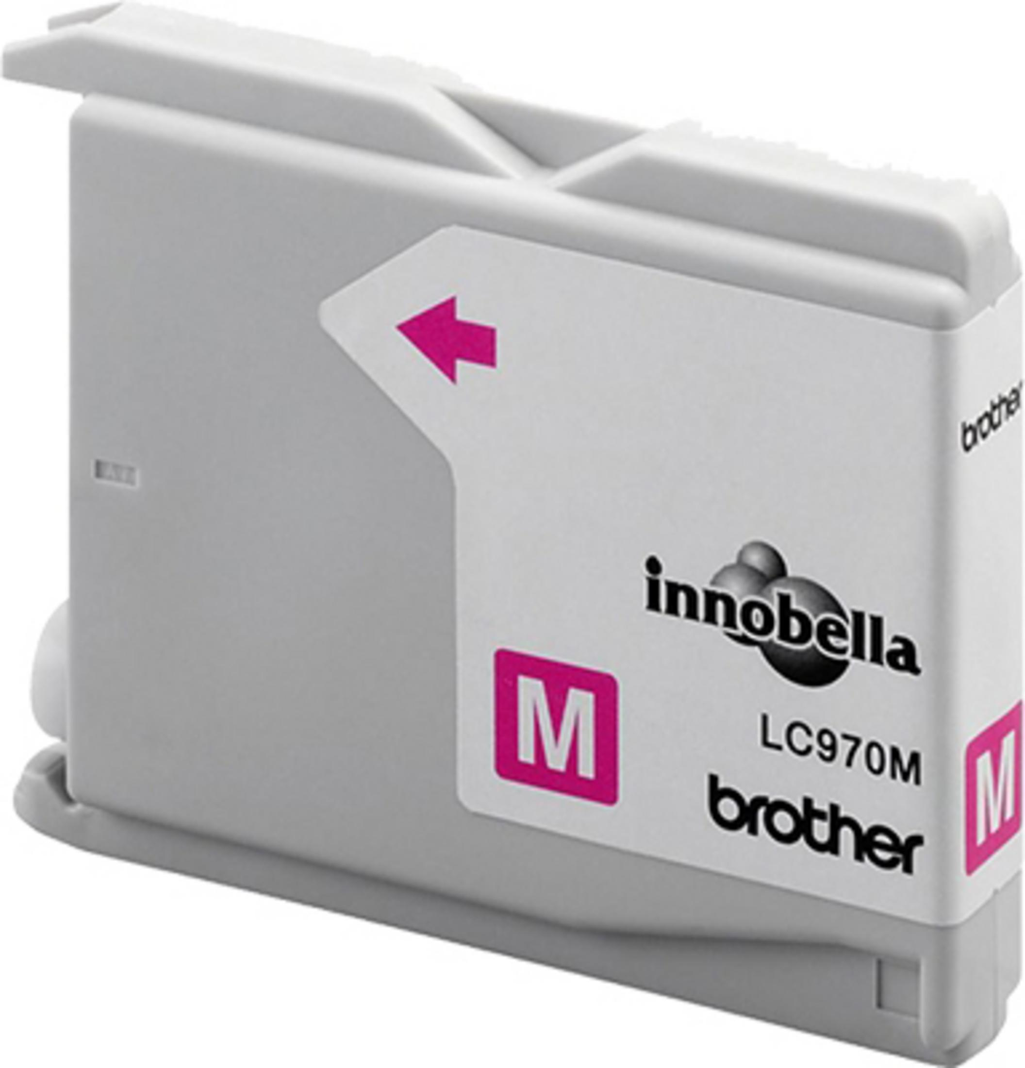 Cartucho de tinta Brother, color magenta. Flecha apunta al cartucho. Fondo blanco.