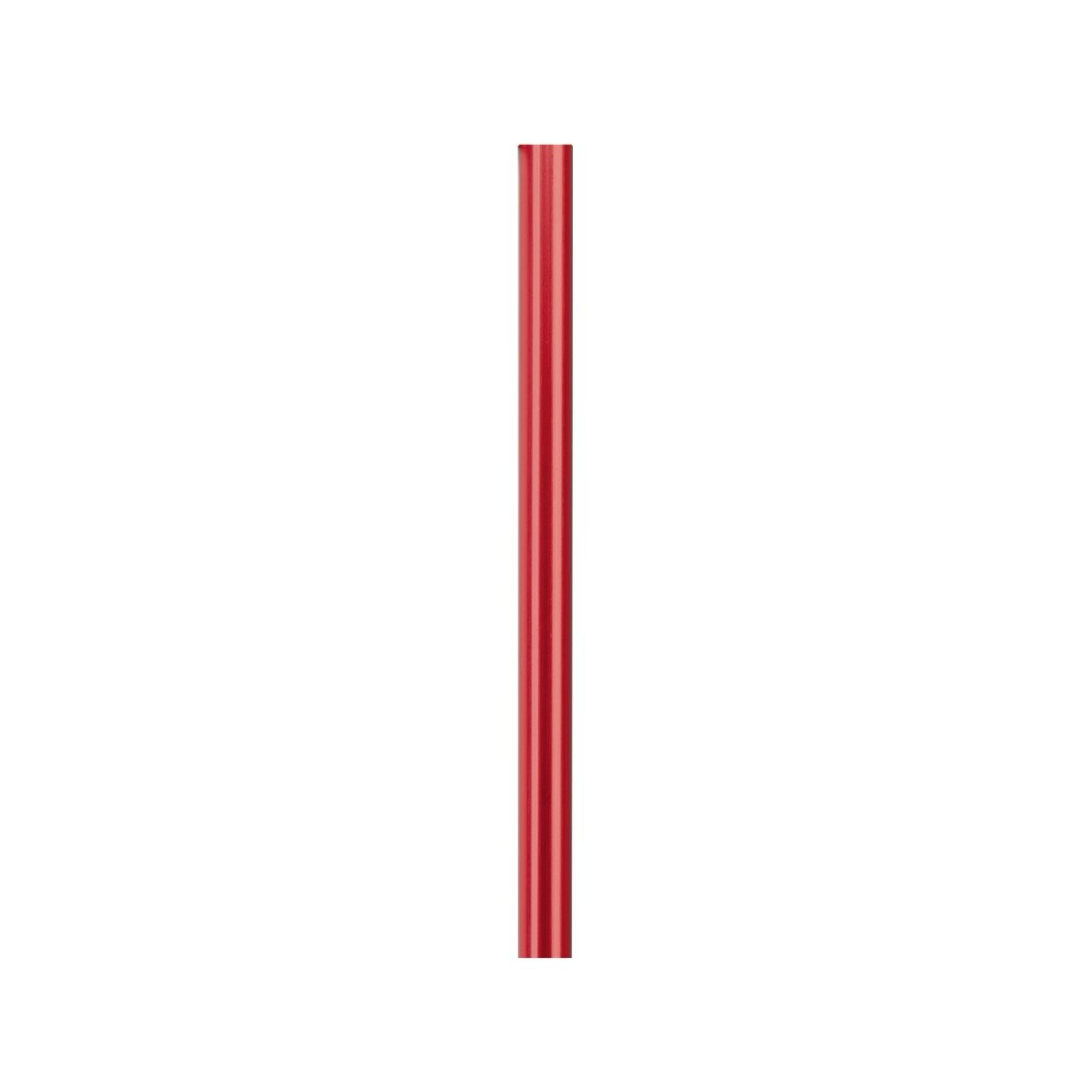 Ein roter, vertikaler, gerader Metallstab vor weißem Hintergrund. Es ist ein einfaches und minimalistisches Bild.