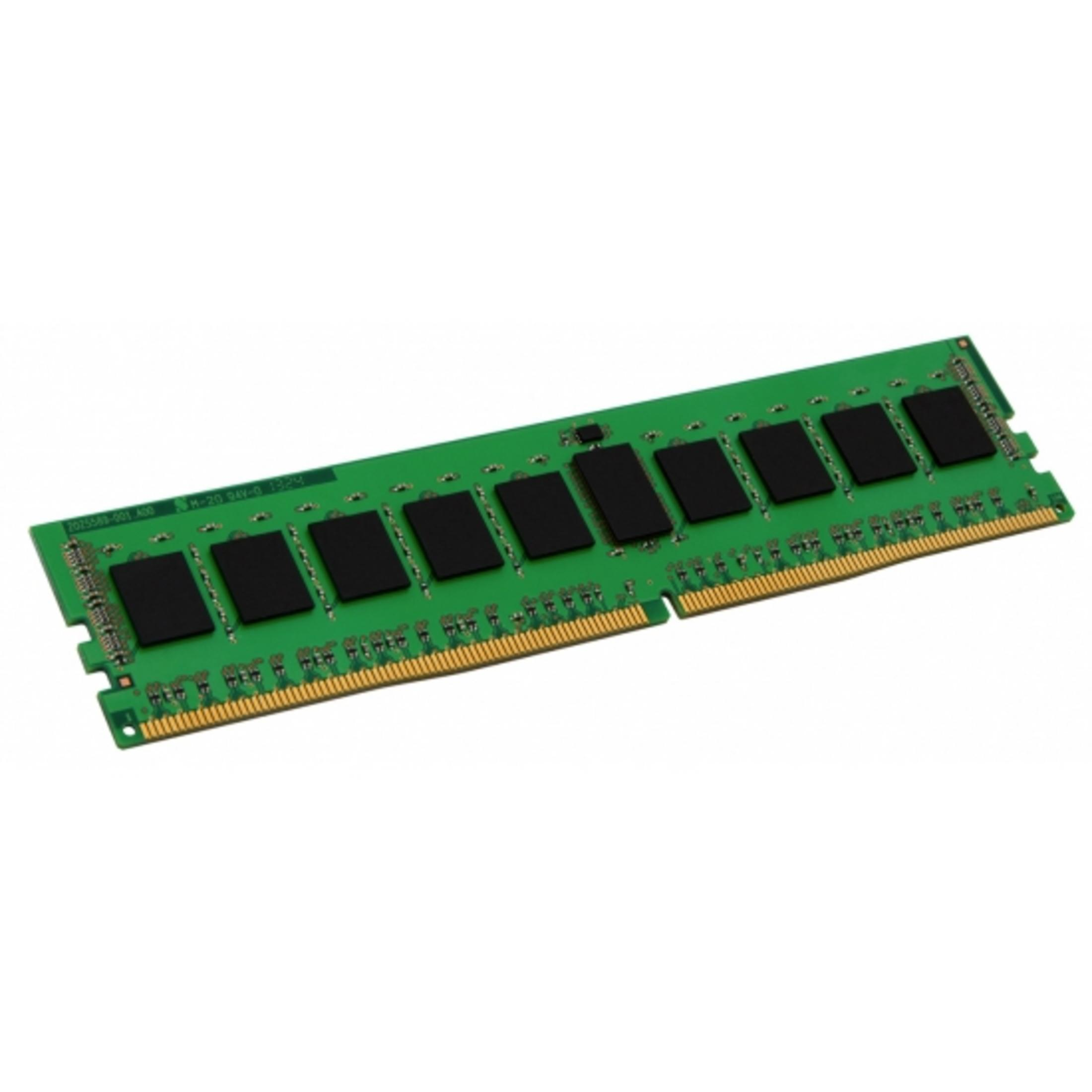 Un modulo di memoria RAM verde con chip neri su sfondo bianco.