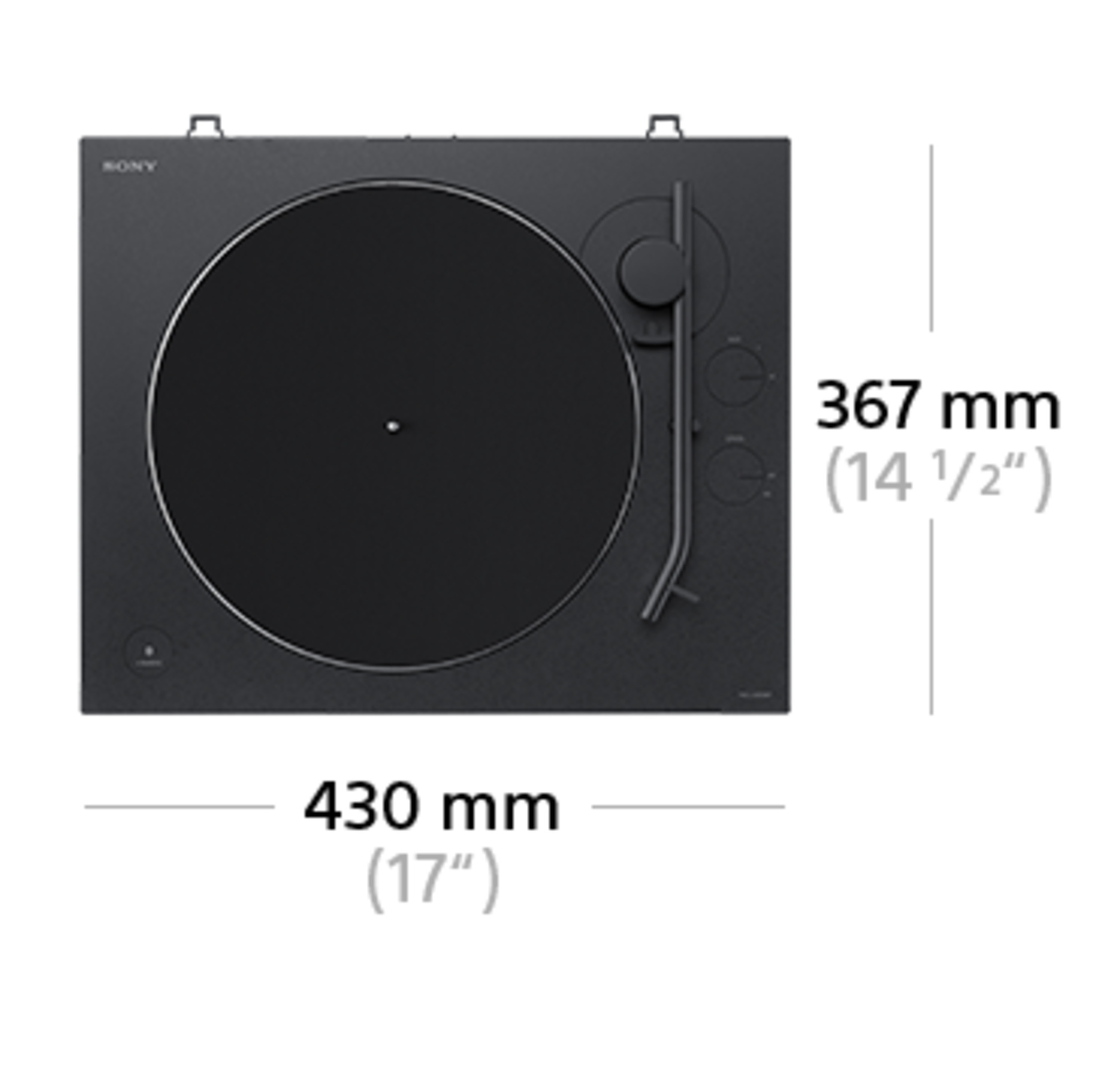 Tocadiscos negro con plato circular y brazo, dimensiones mostradas.