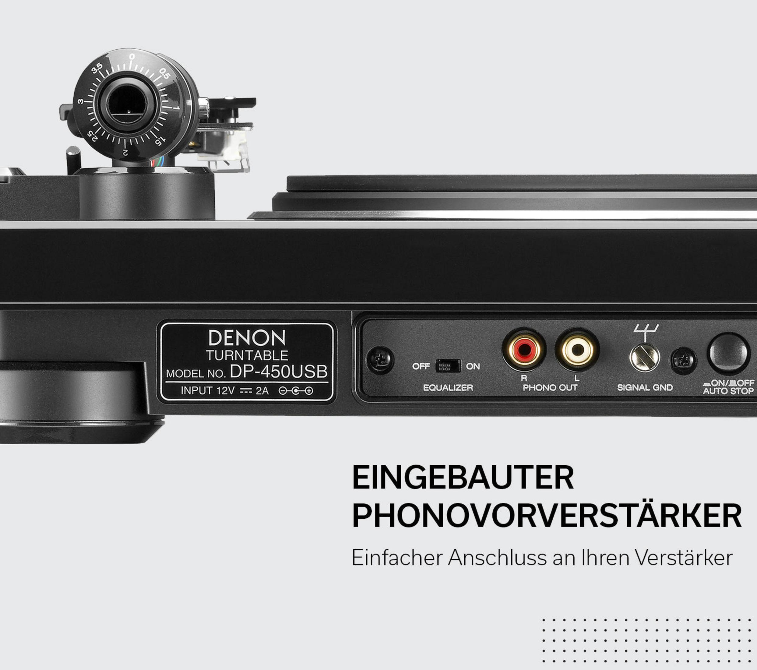 Schwarzer Denon-Plattenspieler, Modell DP-450USB, mit Eingängen und Bedienelementen.