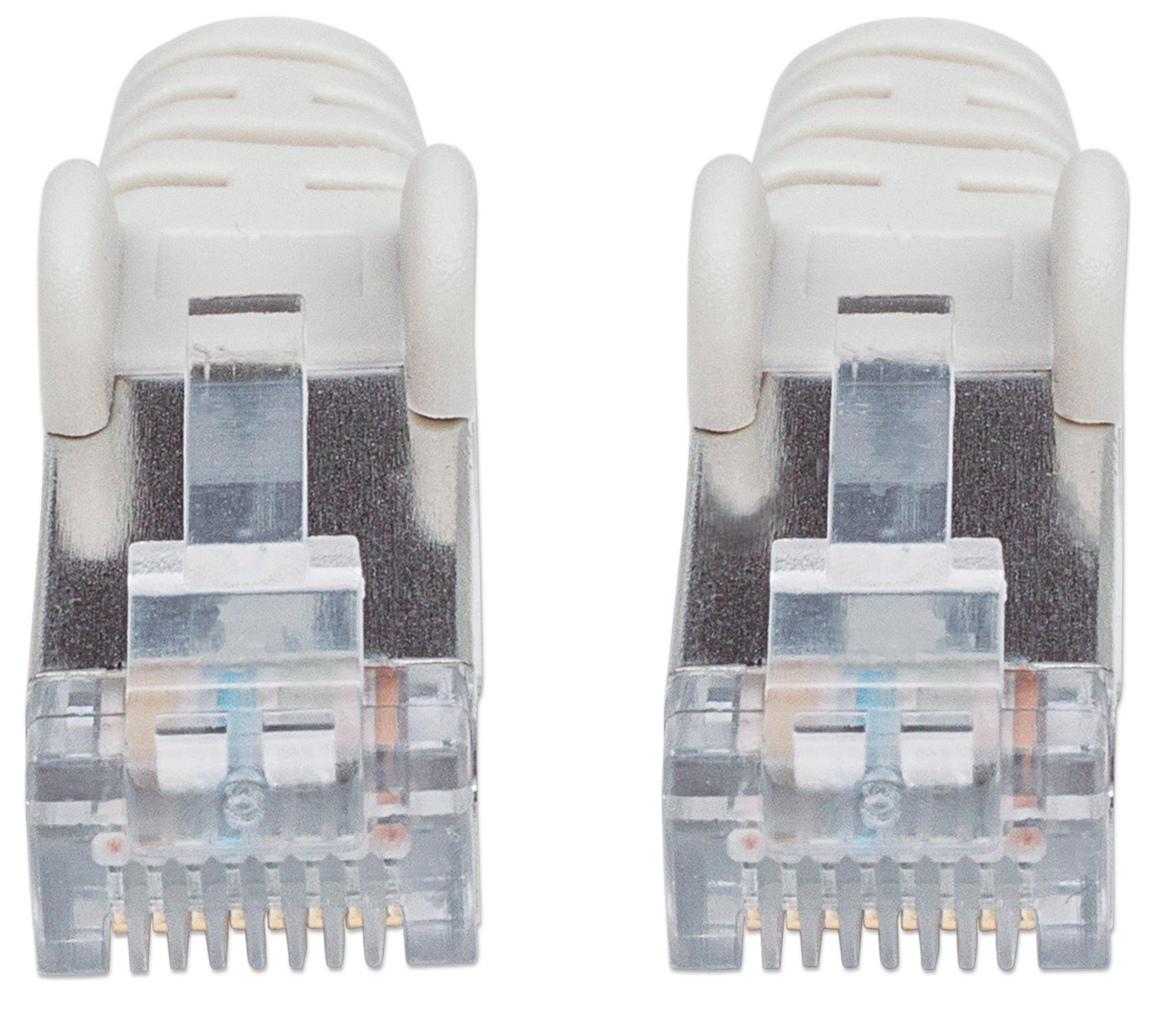 Deux connecteurs RJ45 blancs. Ils ont des pièces en plastique transparent et des contacts métalliques argentés.