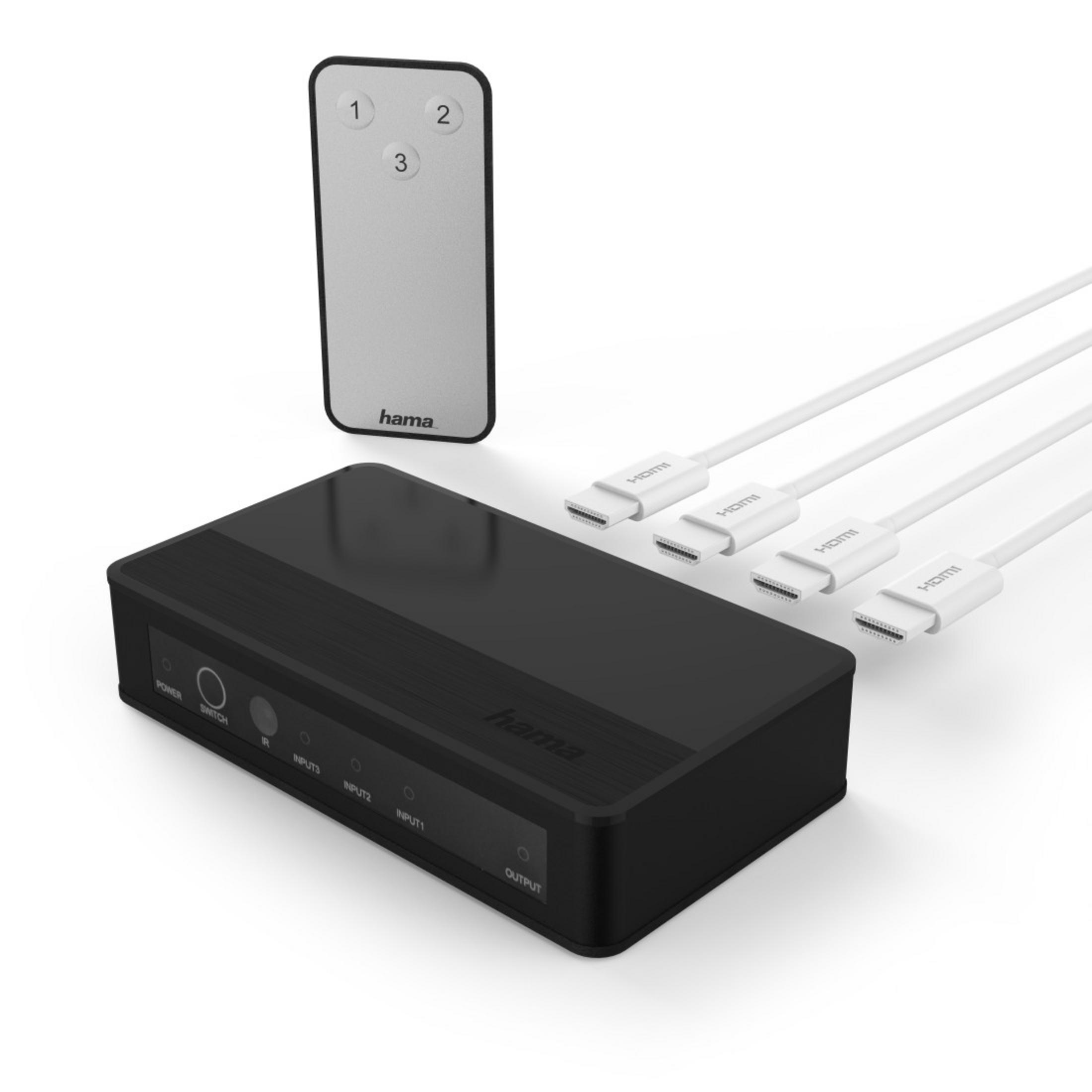 Conmutador HDMI negro con mando y tres cables HDMI.