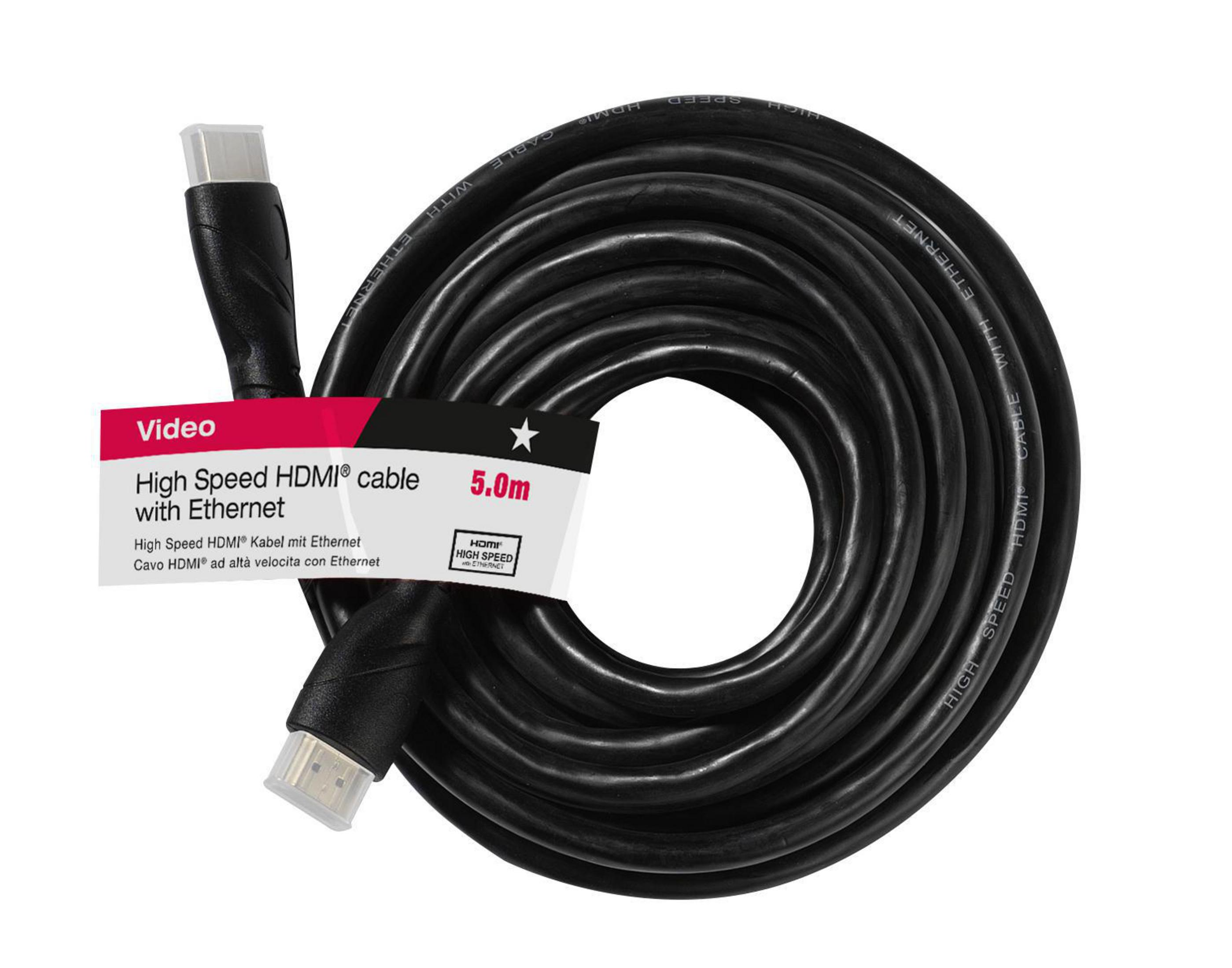 Cable HDMI negro enrollado. Etiqueta blanca, texto rojo. Fondo blanco.