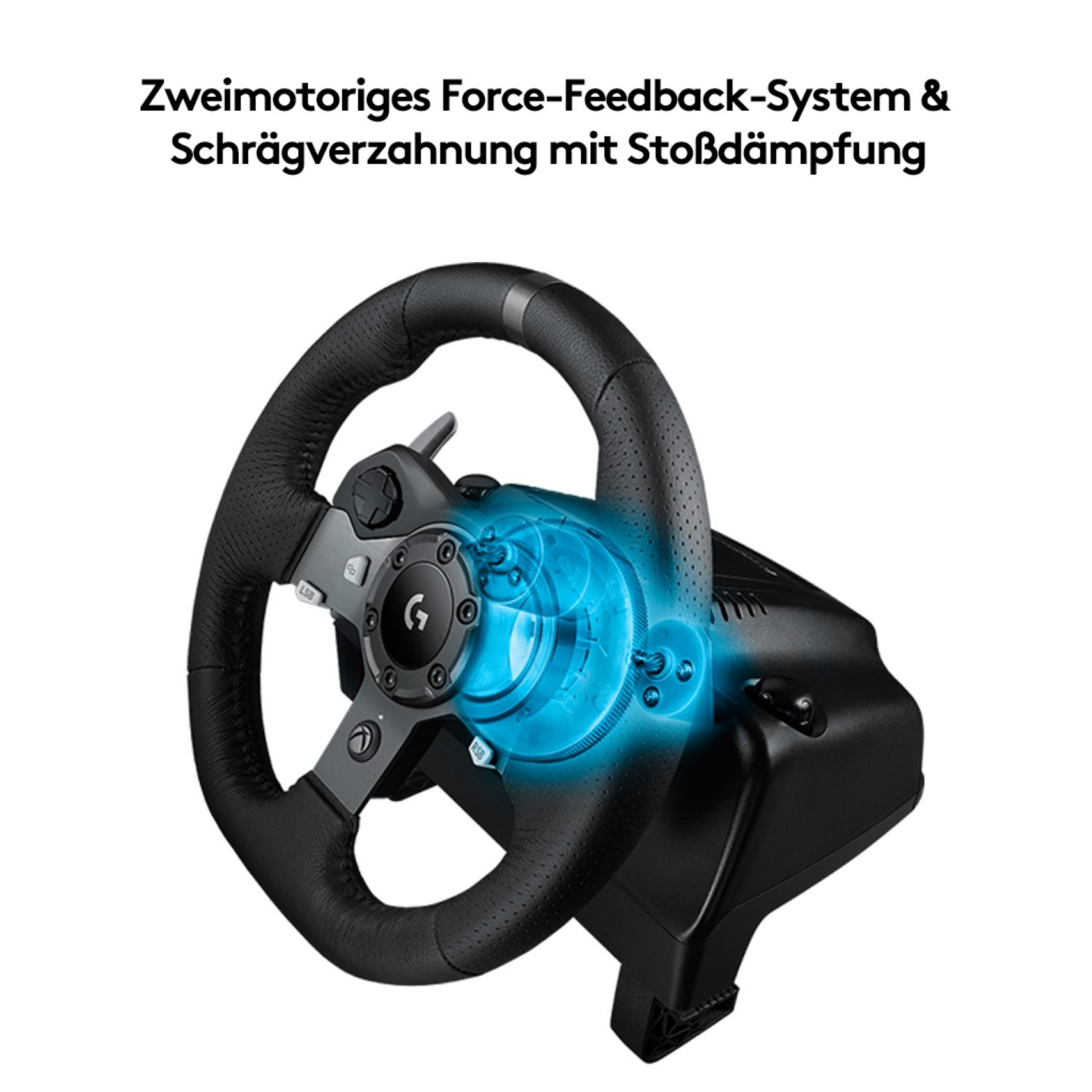 Schwarzes Gaming-Lenkrad mit Knöpfen. Enthält Force-Feedback-System und Zahnräder.