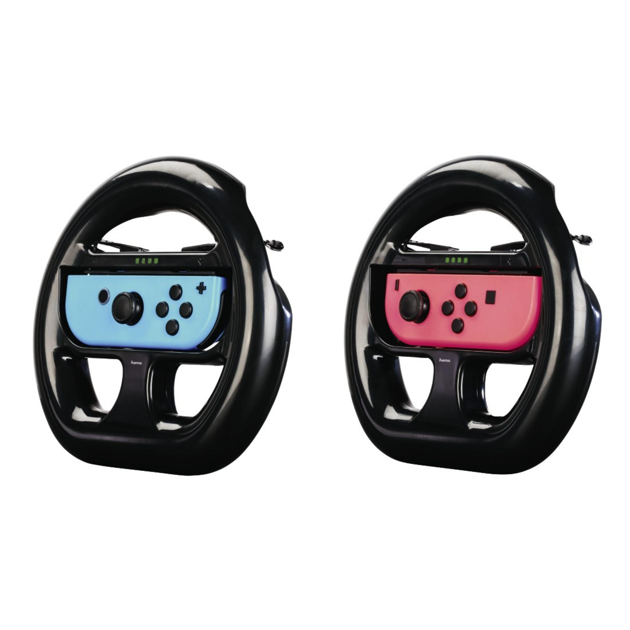 Due controller neri per volante con controller Joy-Con in colori diversi.