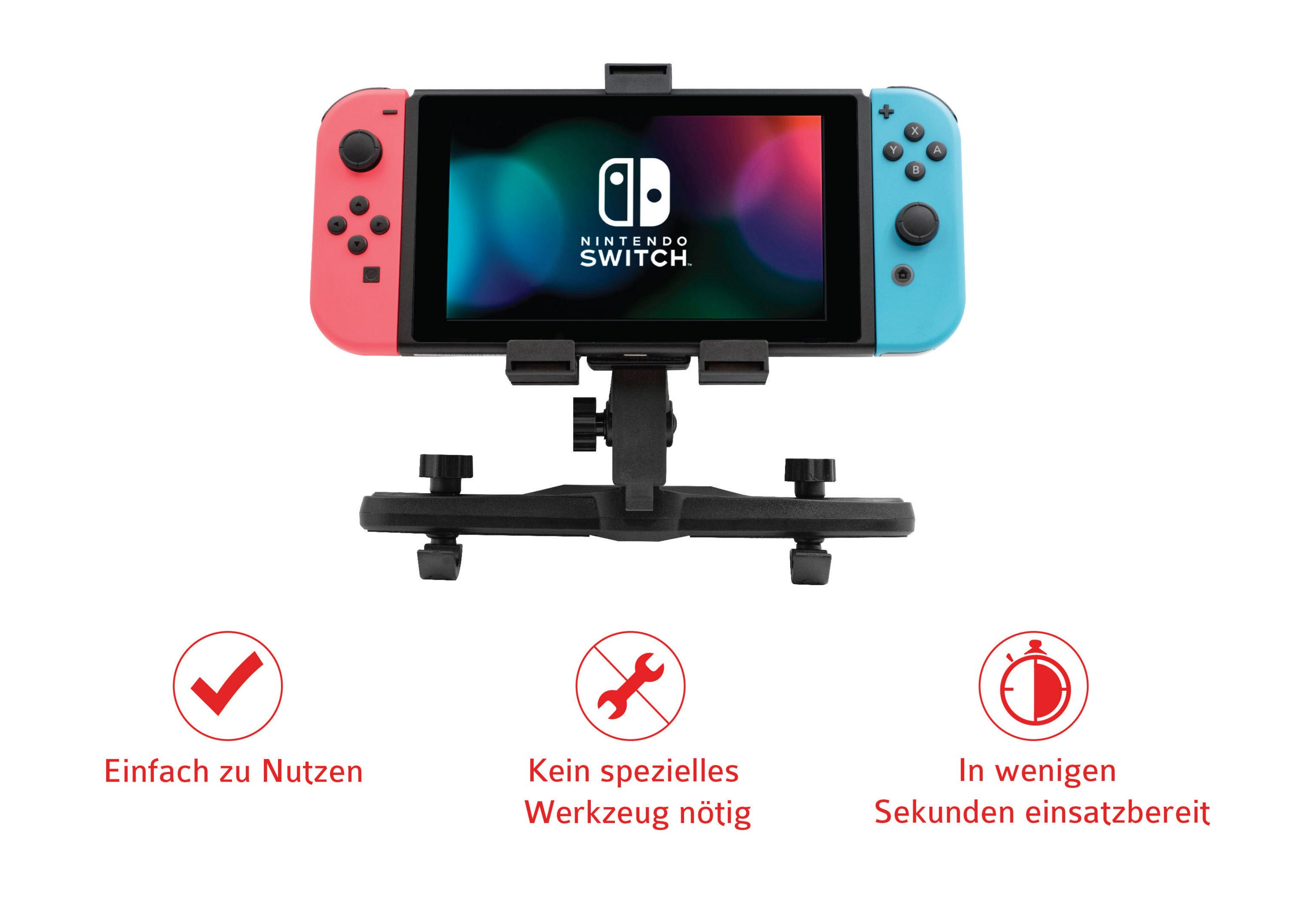Una Nintendo Switch en un soporte con iconos debajo. Los iconos dicen 'Fácil de usar' y 'Listo en segundos'.