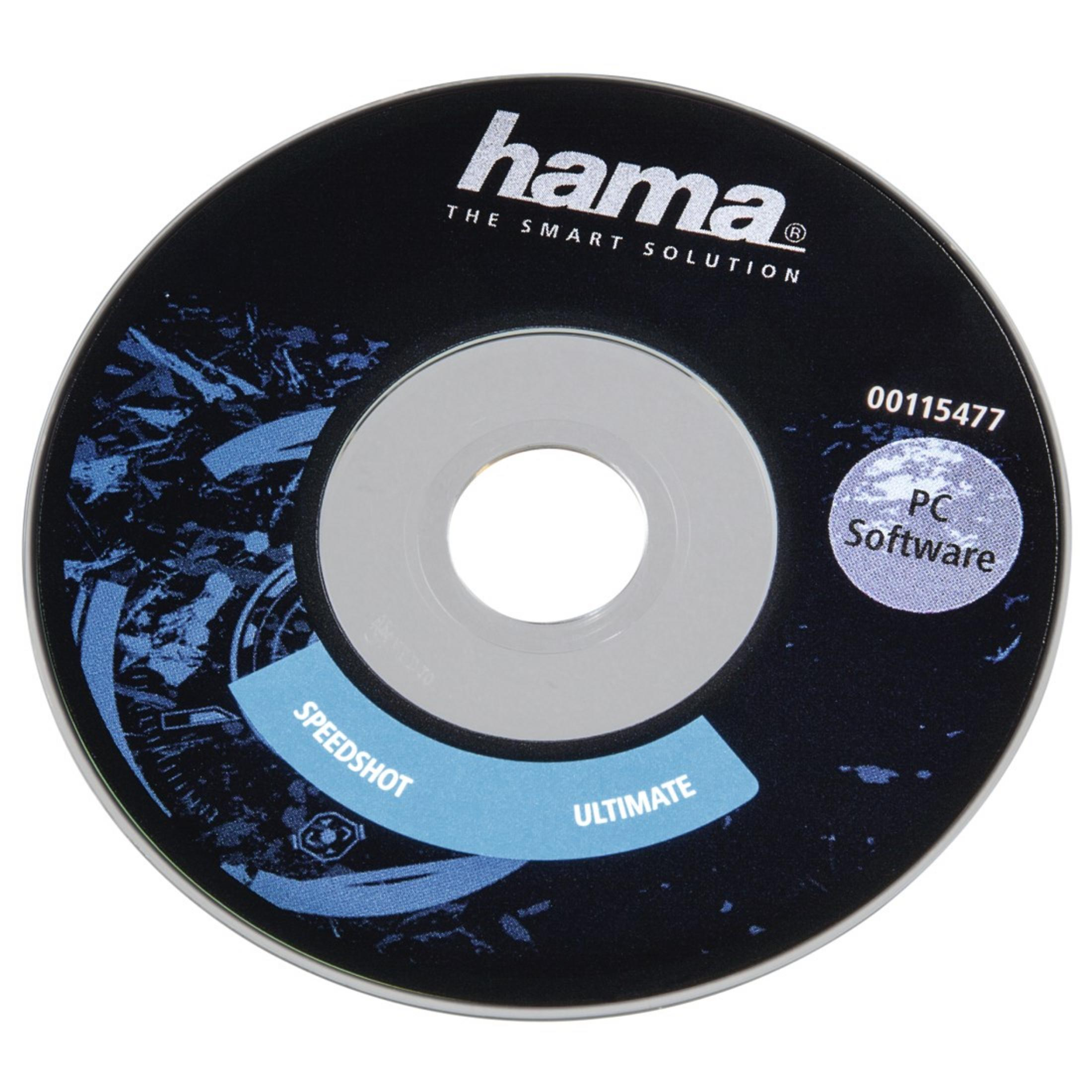 Płyta CD z czarnym tłem z Speedshot Ultimate. Tekst 'hama' i 'PC Software'.