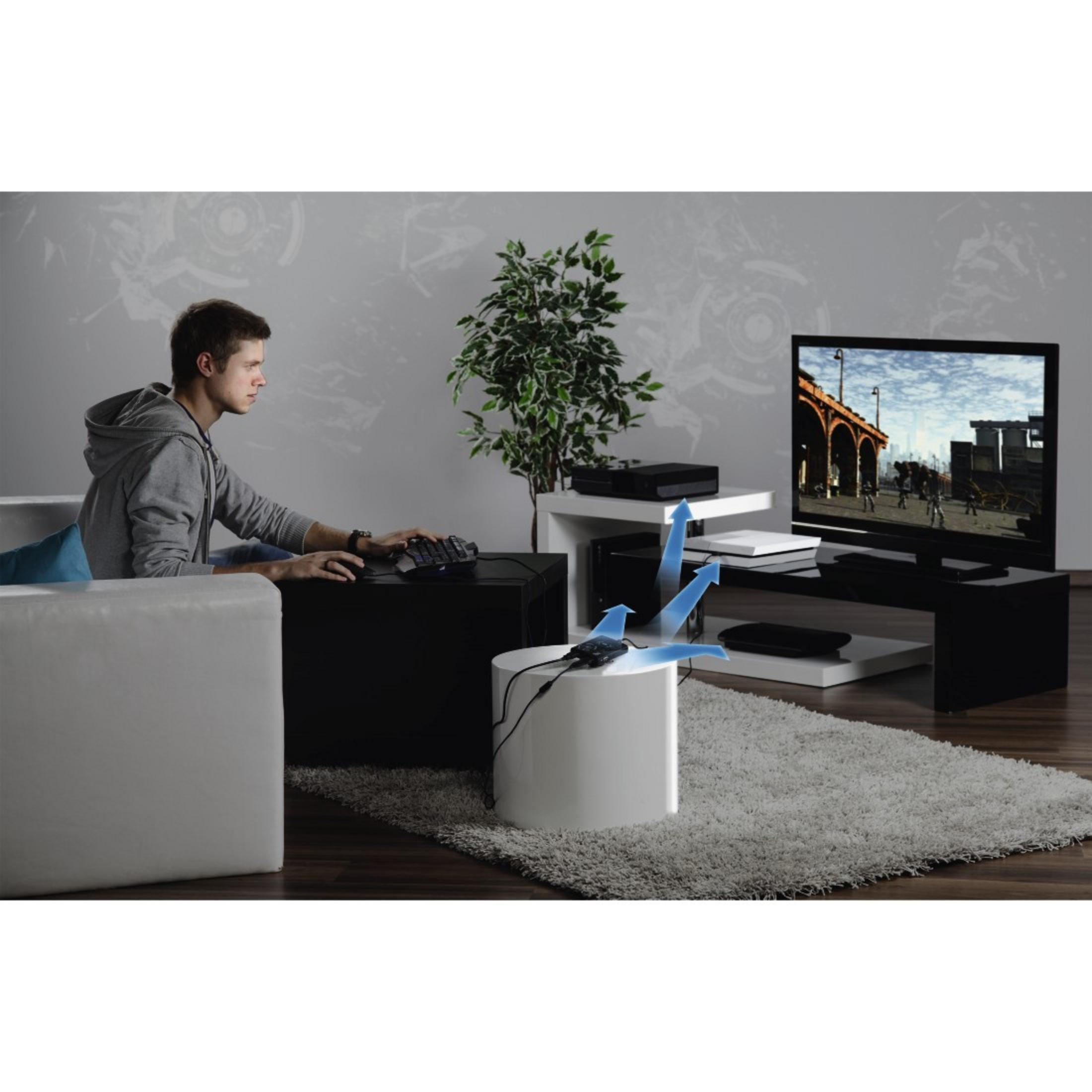 Mężczyzna gra. TV pokazuje grę. Stół z konsolą, rośliną. Na podłodze dywan.